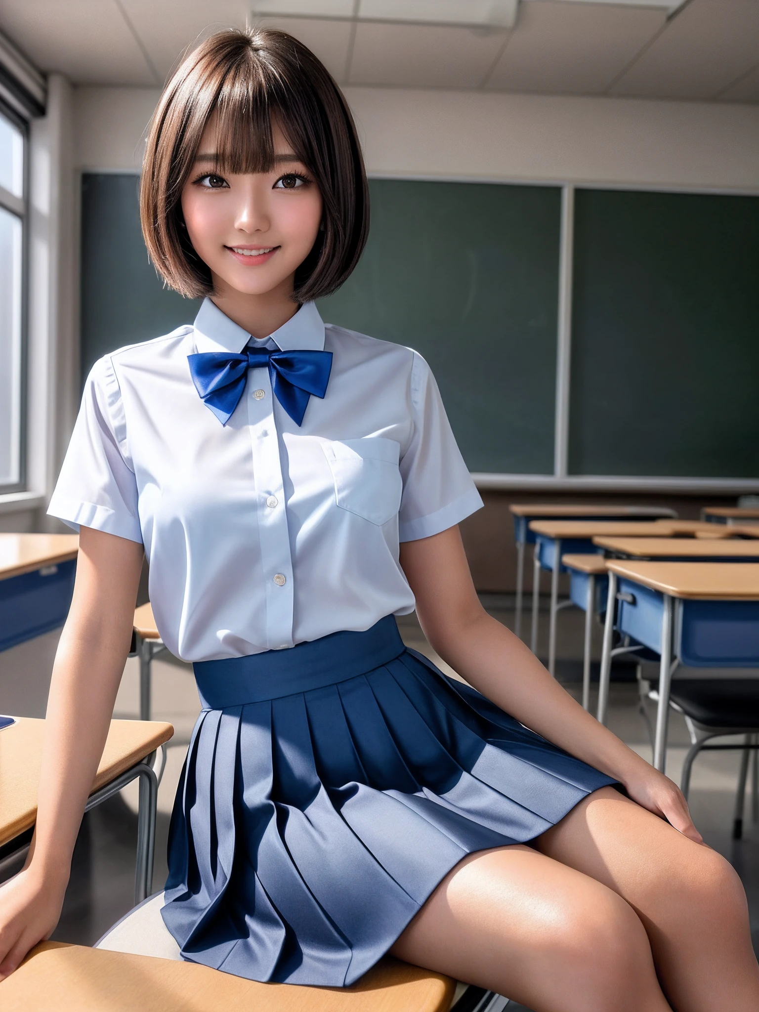 a closeup, ​masterpiece, top-quality, FULL ANATOMY、Raw foto, Photorealsitic, faces, unbelievable Ridiculous, 1 beutiful girl, cute little, Short bob hair、depth of fields, hight resolution, ultra-detailliert, finely detail, ighly detailed, extremely detailed eye and face, Realistic pupils, foco nítido, Cinematic lighting、Beautiful breasts that look like they swell、(Petite bust:1.2)、 (Slimed、 An 18-year-old woman、Sexual facial expressions、sexy  pose、 Wet body、Blushing、Sweating、Very embarrassed look、The face is bright red、Schoolgirl Uniform、Panties are visible from the skirt、Very detailed 8k wallpaper、Sheer white shirt、Unbuttoned and disheveled clothes、Red ribbon at collar..、Dark blue pleated micro mini、Show me your whole body、Plump panties、White Sox、((Lift the hem of the skirt、Lift the hem of the skirt with both hands、Lift the hem of the skirt yourself,、Show the camera a little bit of white silk panties))、pure、It's hanging on the desk.、‎Classroom、depth of fields、Bokeh in the background、Hairstyle with bangs、Shooting from the floor