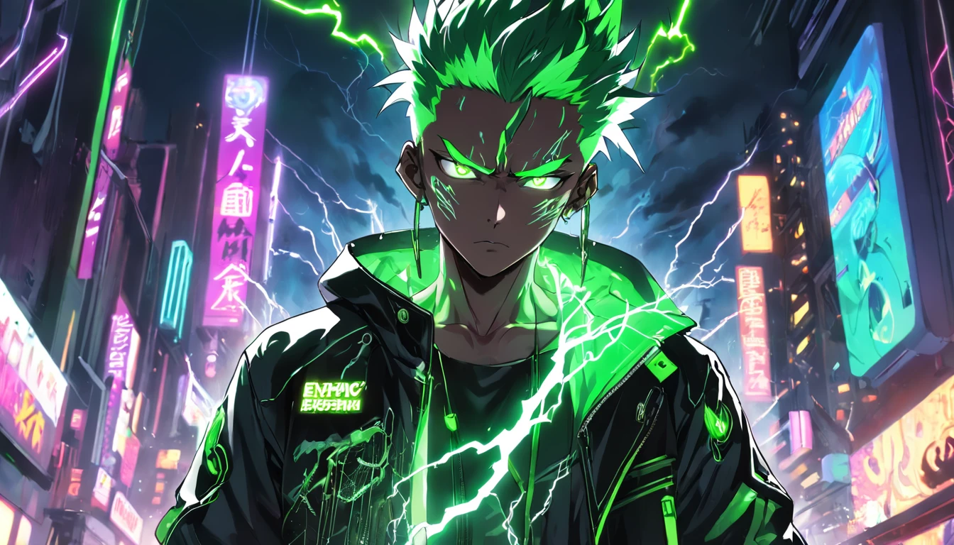 hyper realistic,irritado, RAIVA DESENCADEADA!!!, feeding, CHARGED LIGHTNING POWER, GREEN SPARKS ÉPICO HIPERALIMENTADO, CYBORG MAN DJ WEARING CYBERNETIC BLACK NEON JACKET WITH BRIGHT GREEN EYES, COM LOIRA MOWHAWK, ON DJ DECKS SURROUNDED BY LIGHTNING AND SMOKE, WITH A NEON SIGN IN THE BACKGROUND WRITTEN "iconic", EPIC RAVE SCENE, EPIC LIGHT SHOW, hype, bloom lighting