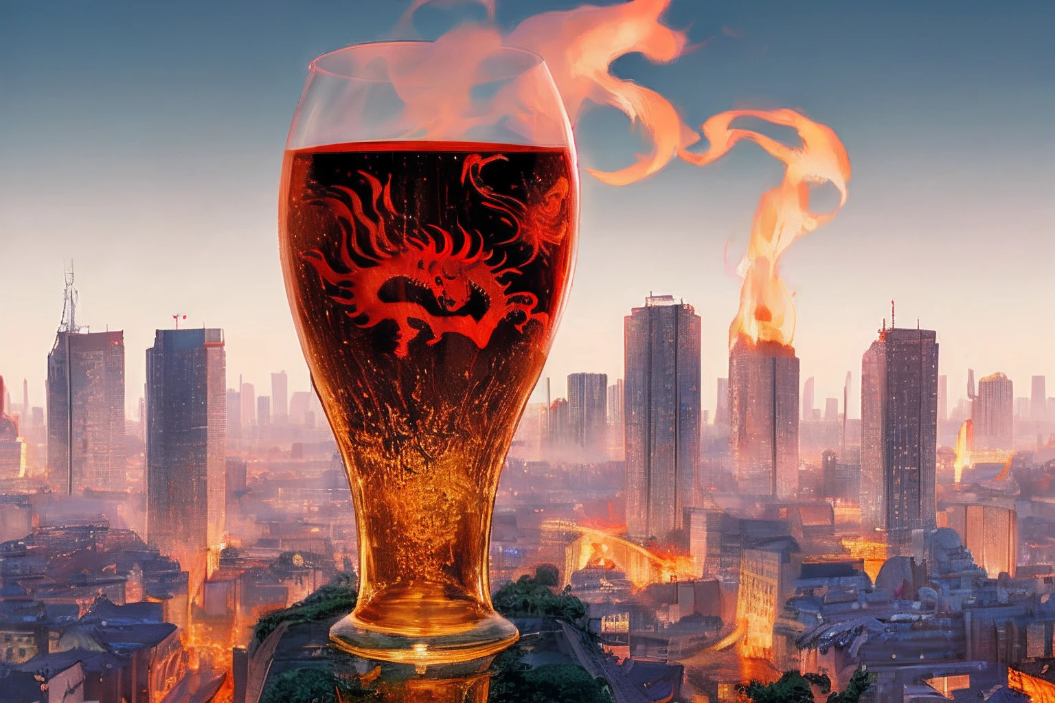 Hanoi city skyline with glass of beer with rising Chinese dragon