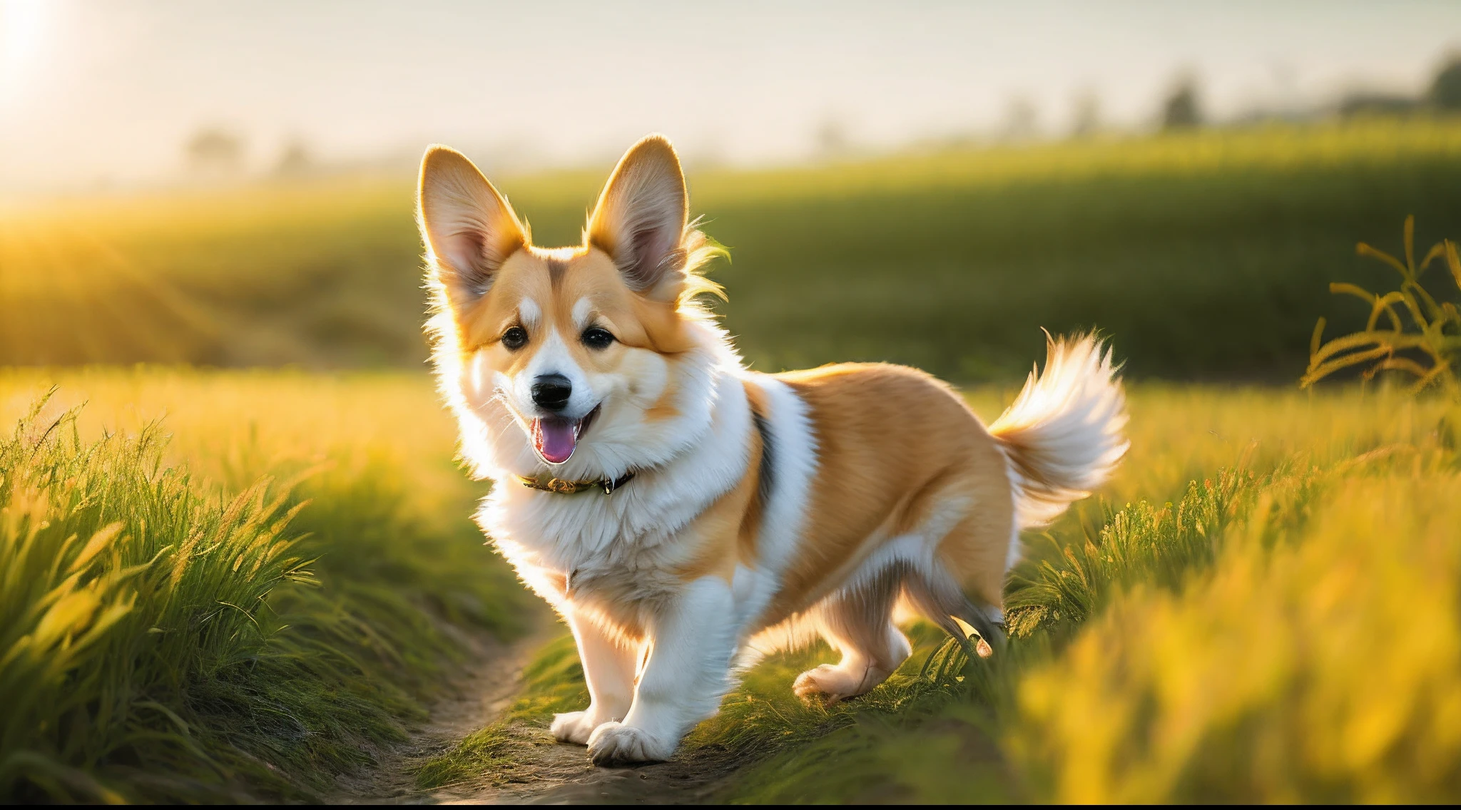 Close-up photo of a very cute running yellow-white corgi in a rice field,Soft volumetric light,(The light from the back window is backlighted:1.3),(cinematic ligh:1.2),Complicated details,(ArtStation:1.3),Rutkowski