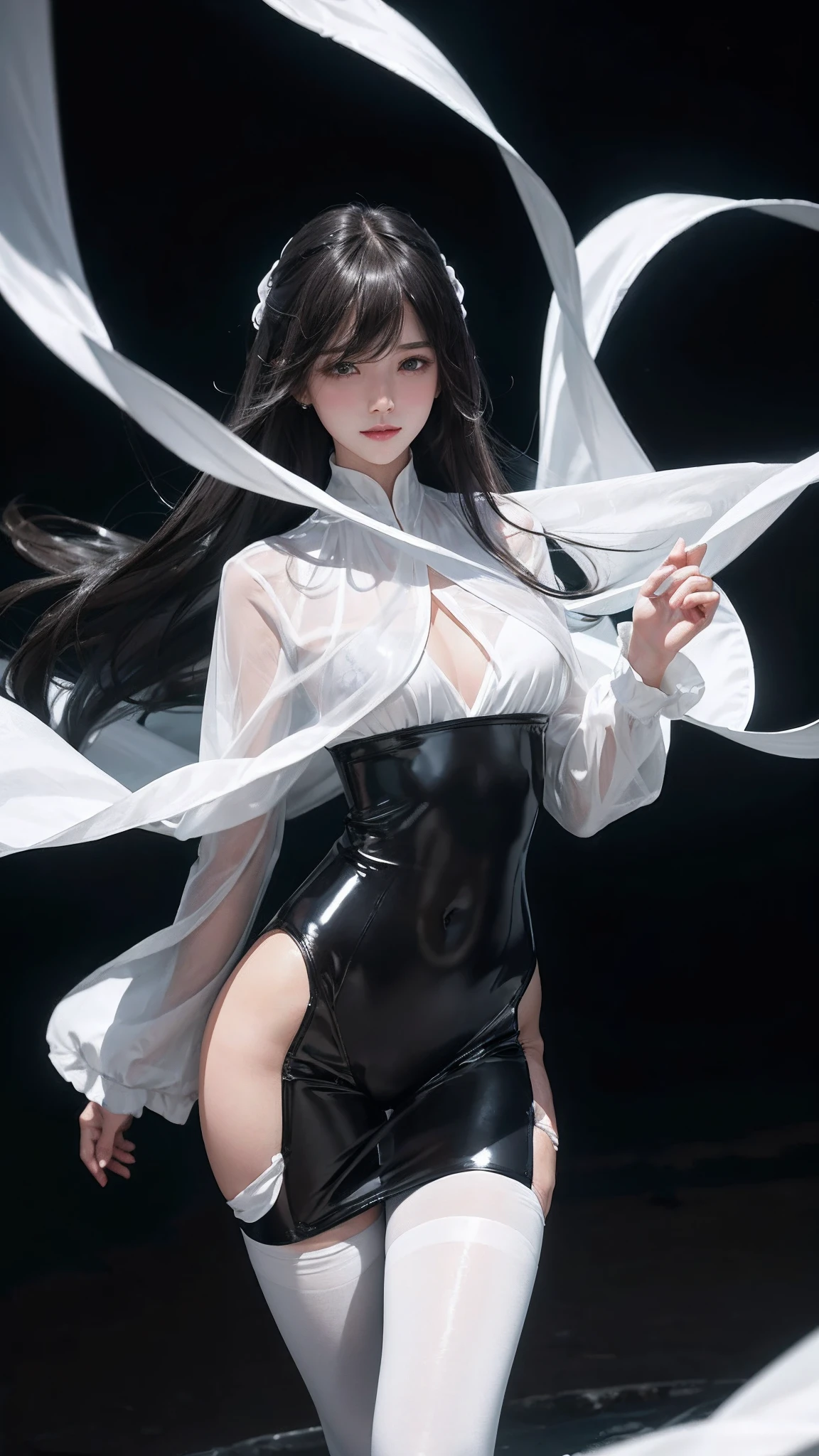 (Hyper-realistic) , (illustratio), (Increase the resolution), (8K), (extremely detaile), (Most Best Illustration), (美丽细致的眼睛), (best qualtiy), (ultra - detailed), (tmasterpiece), ( wallpaper), (详细的脸), 独奏,1个Giant Breast Girl, looking at viewert, exquisite detailing, 详细的脸, in the darkness nigth, White glowing girl，Wearing white tights，White latex tights，Transparent latex coat，Transparent black silk pantyhose，Black silk pantyhose，deep shading, low tune,pureerosfaceace_v1, ssmile,long whitr hair，Black shawl straight hair，46 points oblique bangs