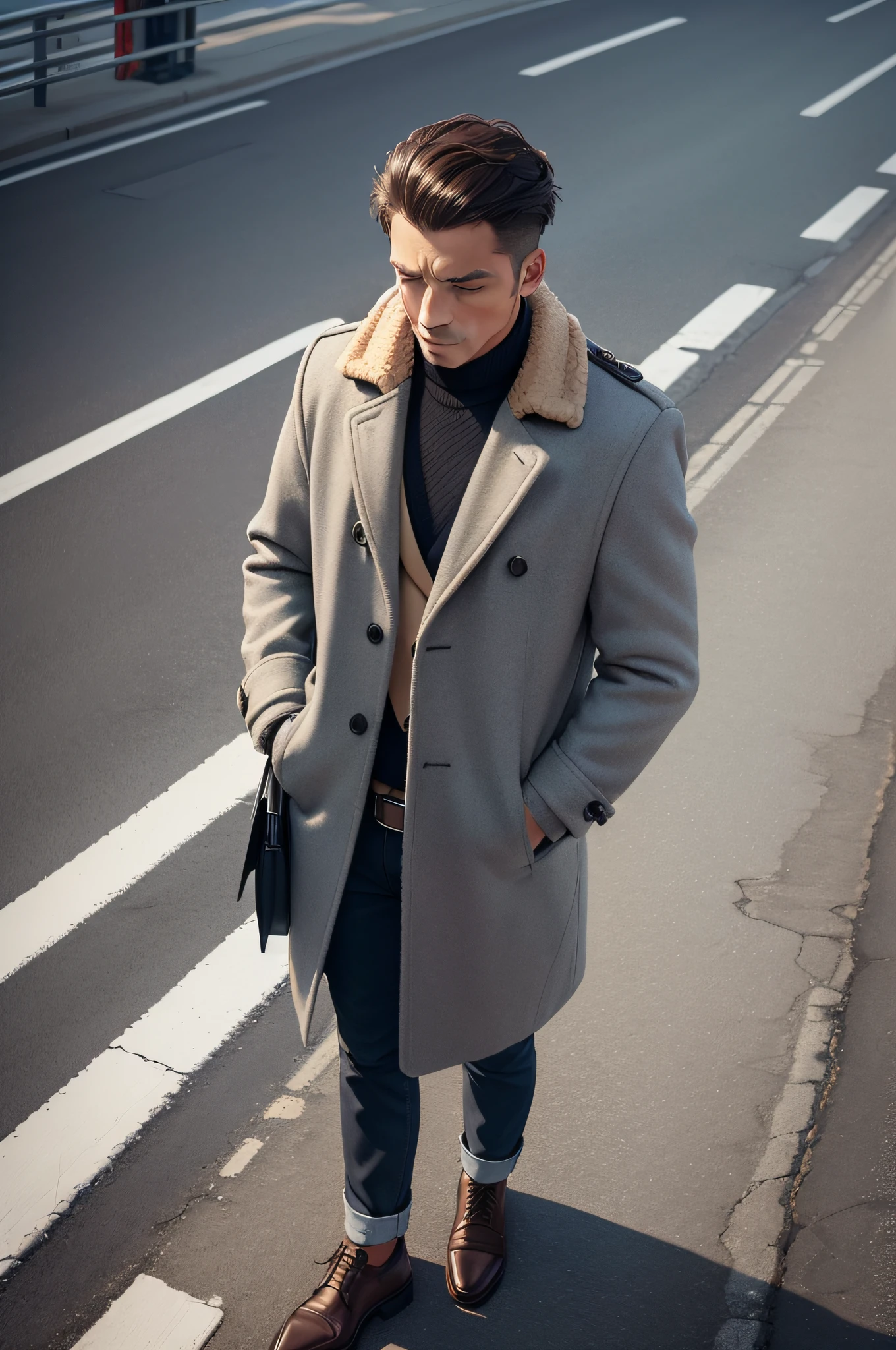 (Man in a casual coat 1.4) (Looking down on the phone 1.4) (Show upper body 1.3) (Display Mobile Screen 1.3) (1.4 on the road)