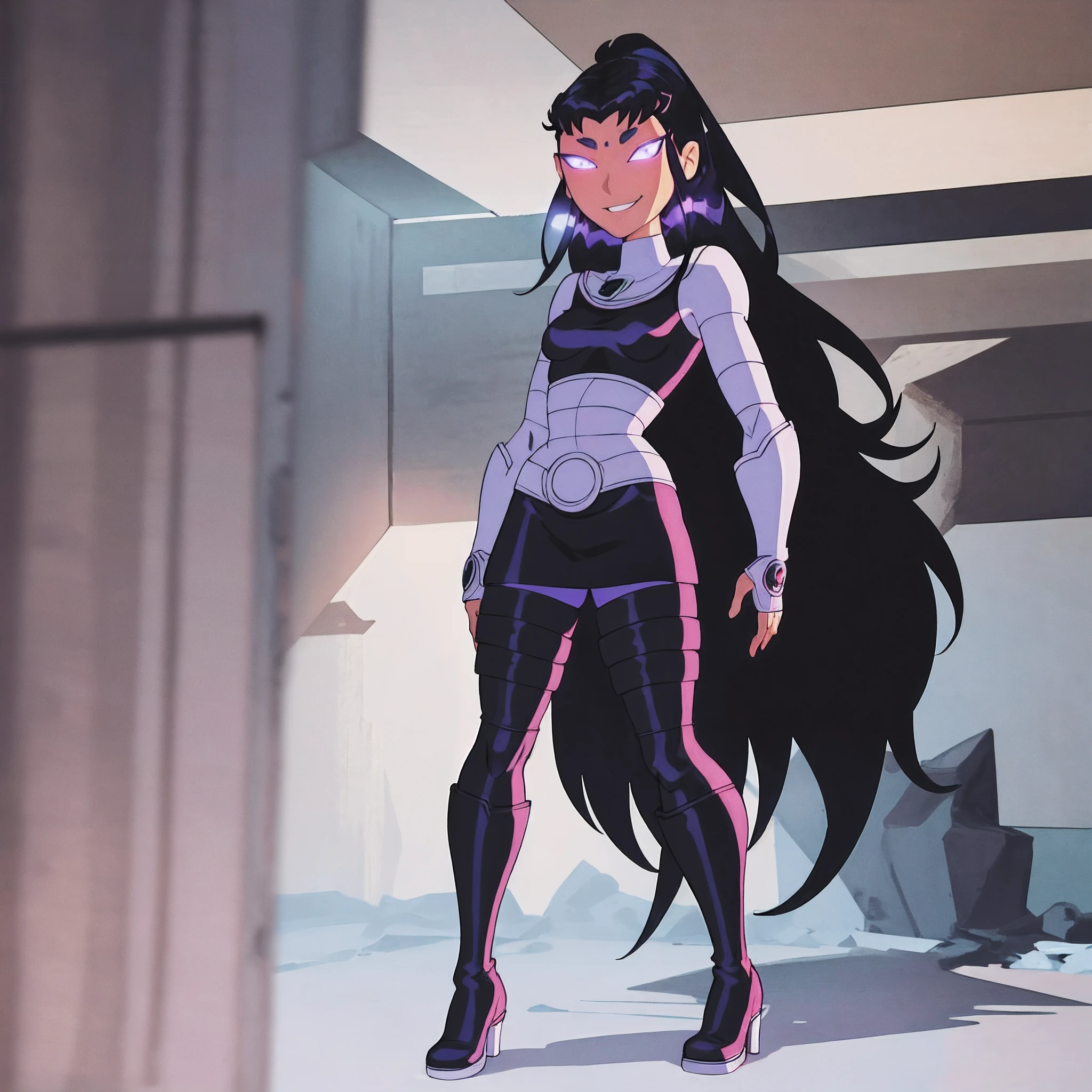 masterpiece, best quality, 1girl, perfect eyes, intricate details, perfect eyes, blackfire, cartoon style, armor, black skirt, black boots, full body, beautiful eyes, miniskirt, black leggings,standing up in a tree, looking down at viewer, POV, smile, full body suit, panthyhose