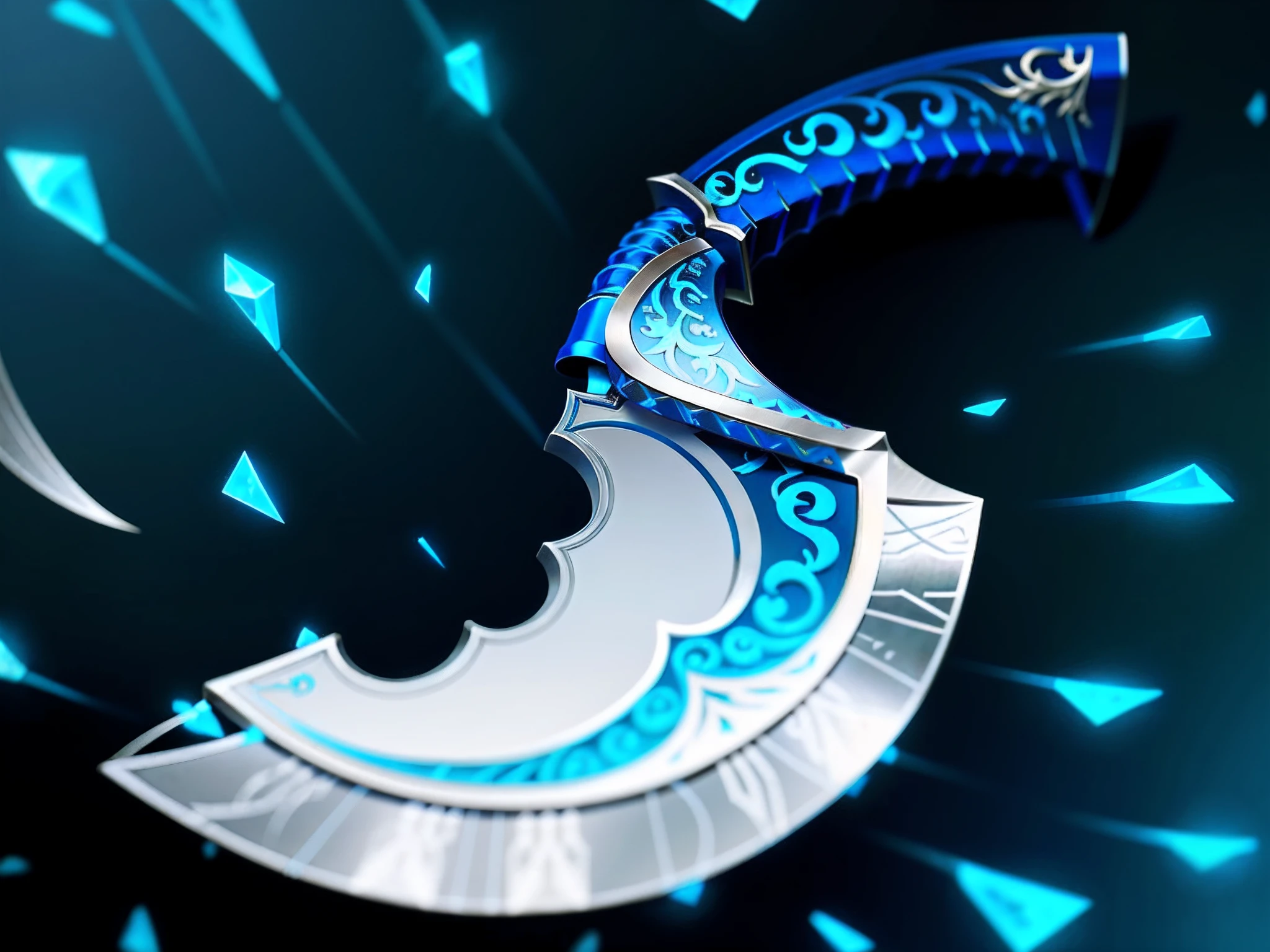 There is a blue knife,The handle is blue, Fantasy Scythe, style of ghost blade, The knife has a beautiful metal pattern on the body,sickle, holding jagged scimitar, curved sword, jagged sword, Huge scythe