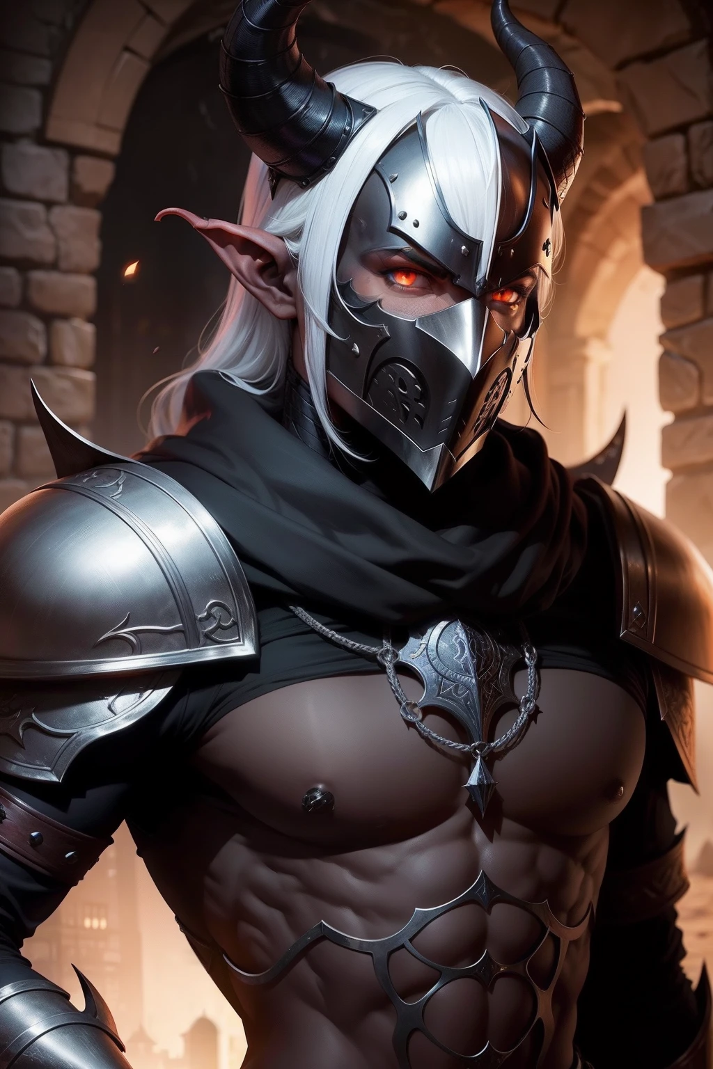 Tiefling negro, homem, com olhos vermelhos, armadura de couro completa e medieval