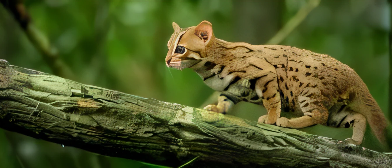 There is a cat walking on a tree branch, margay, Cat in the forest, Cute!!!, tabaxi, cute animal, Michel Othello, Cute!, Very cute, prowling through the forest, ohwx, tabaxi male, Beautiful!!!, UH, Beautiful!, Cutest, Beautiful fece!, so cute, the cutest creature in the world