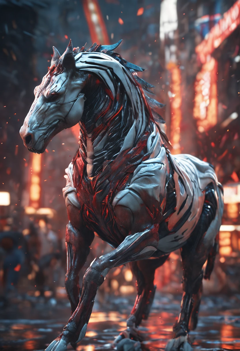 An entity with a humanoid face resembling a horse, featuring a white head, a red tail, and adorned with tiger stripes, set against a backdrop of primordial chaos. Realistic image quality at 8K resolution, utilizing ray tracing.