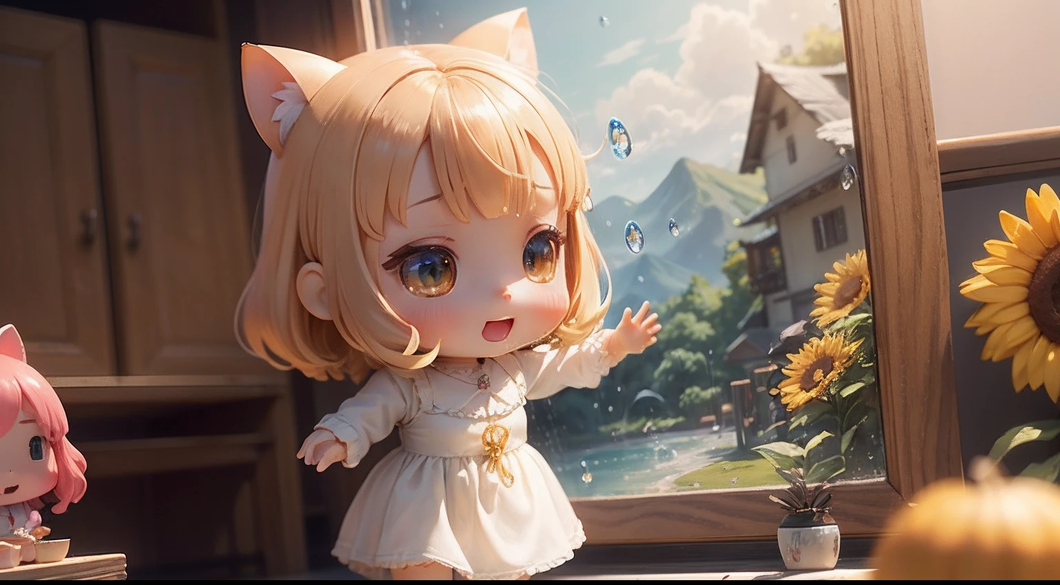 photoRealstic、Doll standing in front of the painting、swim wears、laugh face、Water droplets on the cheeks、Selfie Pose、spreading arms widely、Sengai、pixiv、rokoko、dollfie dream、watercolor Nendoroid、(High Definition Figure)、flowing sakura-colored silk、nendroid、bustup、Sunflower petals、season!!: 夏☀ 🍂 ヒマワリ