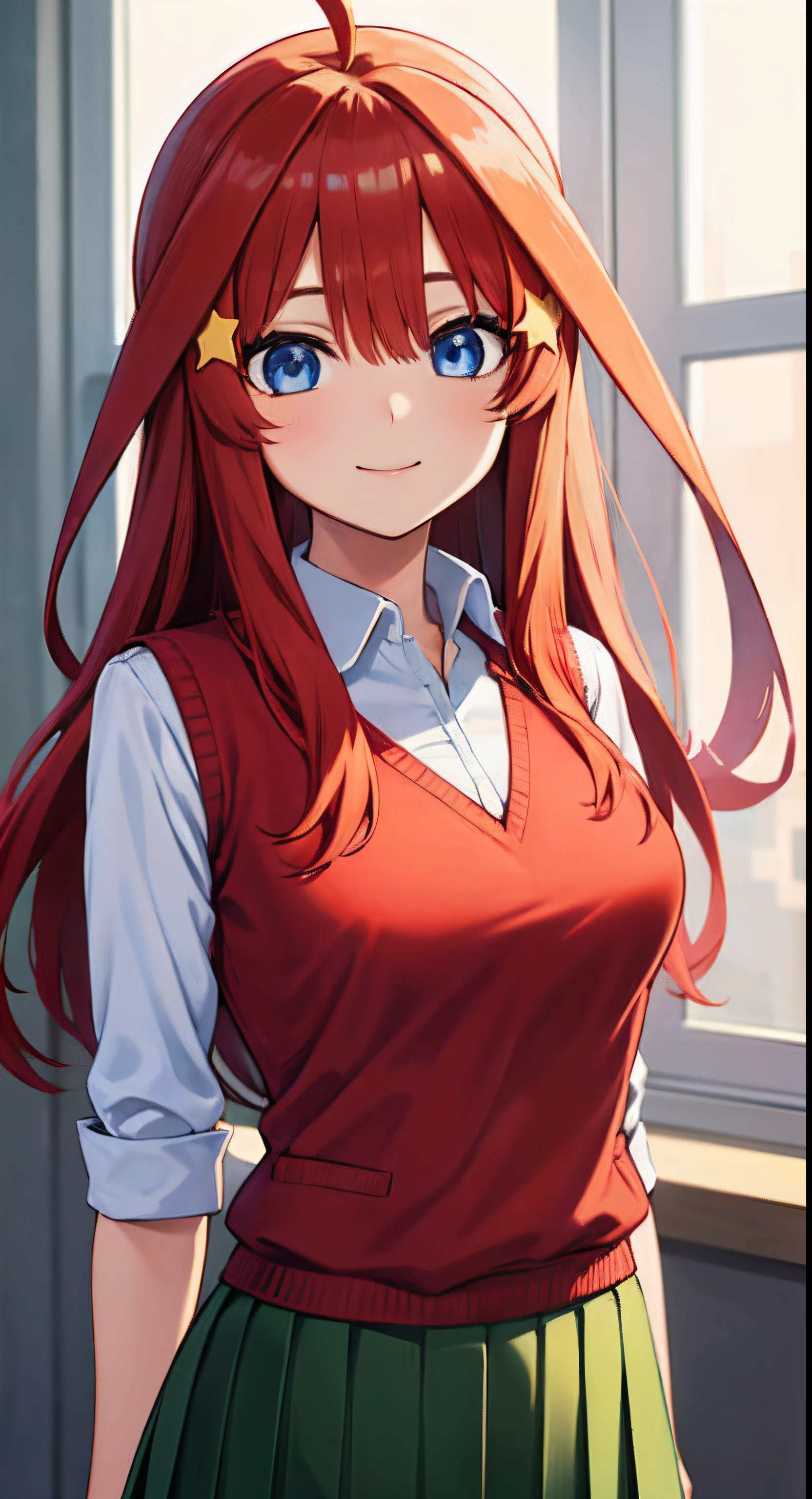 masterpiece, best quality, high resolution, 1girl, solo, nakano itsuki,(beautiful detailed eyes:1.2), star hair ornament, long hair, red hair, blue eyes, ahoge, looking at viewer, medium breasts, cleavage, hair between eyes, school uniform, green skirt, (pleated skirt:1.1),shirt, white shirt, (red sweater vest:1.2), school room,a smile