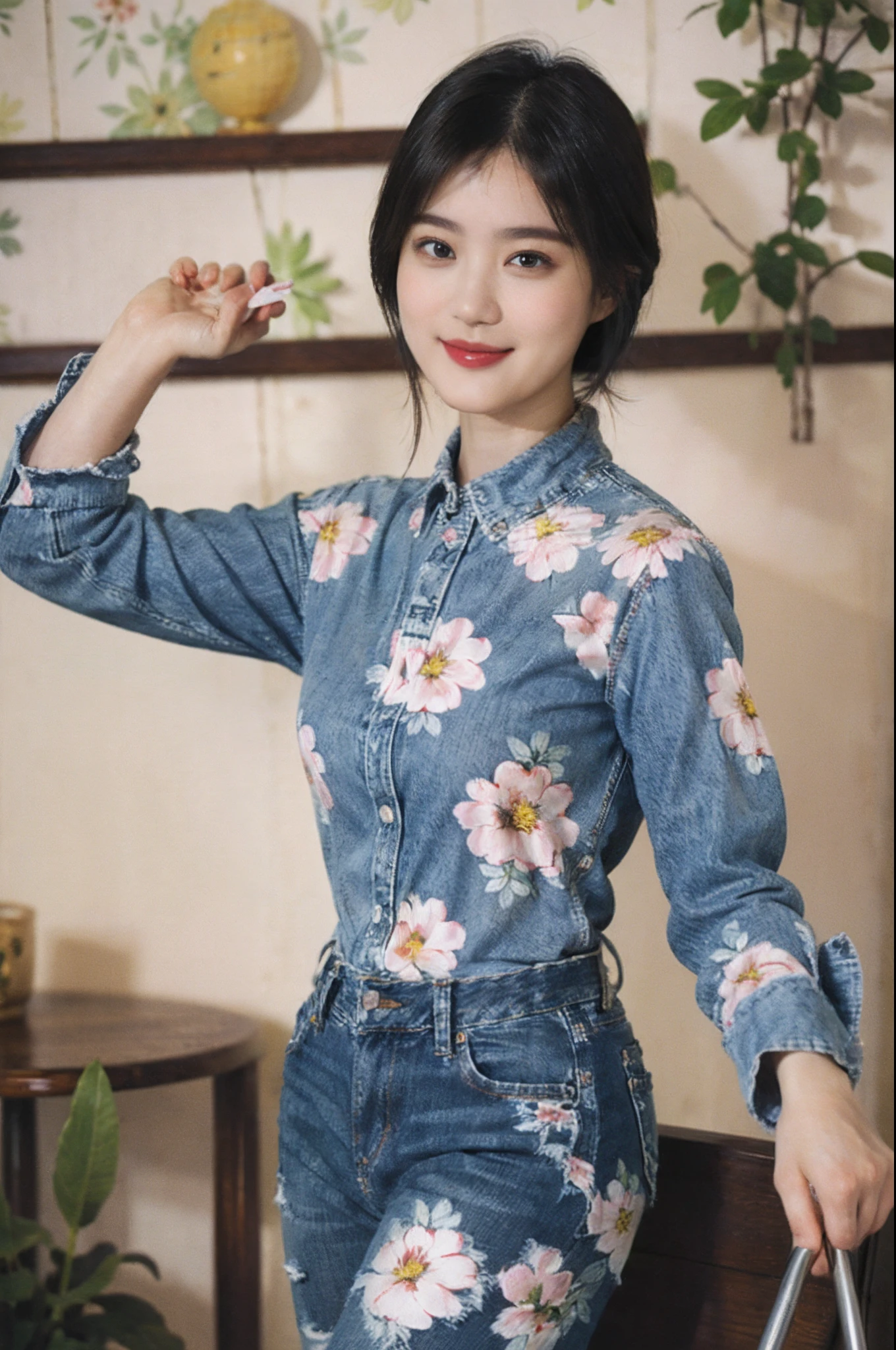 (Masterpiece)、((High-quality photos))、ultra-detailliert、((1beautiful woman))、((Jeans - Wear jeans))、((Long sleeve shirt with floral pattern))、((Black Shorthair))、((A slight smil)))、((breast))、paprika、Large room、Cleaning