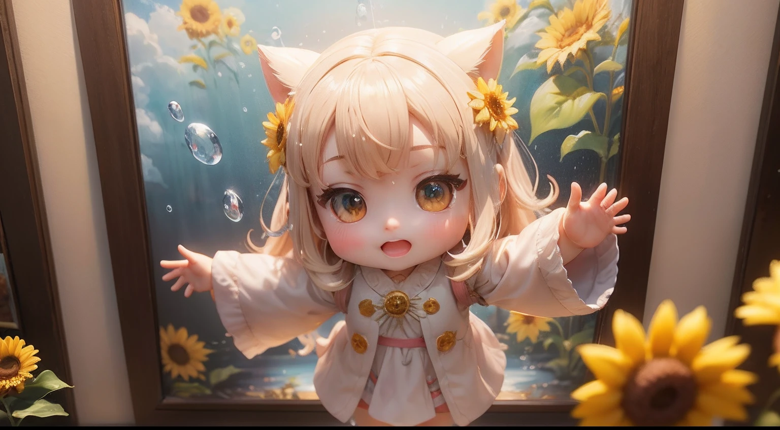 photoRealstic、Doll standing in front of the painting、swim wears、laugh face、Water droplets on the cheeks、Selfie Pose、spreading arms widely、Sengai、pixiv、rokoko、dollfie dream、watercolor Nendoroid、(High Definition Figure)、flowing sakura-colored silk、nendroid、bustup、Sunflower petals、season!!: 夏☀ 🍂 ヒマワリ