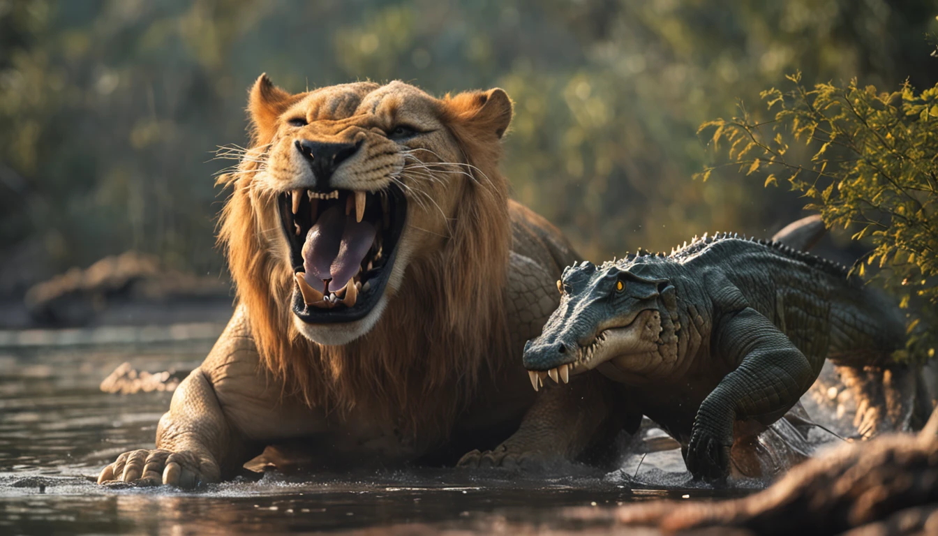 Photo of an alligator mixed with a lion and a frog