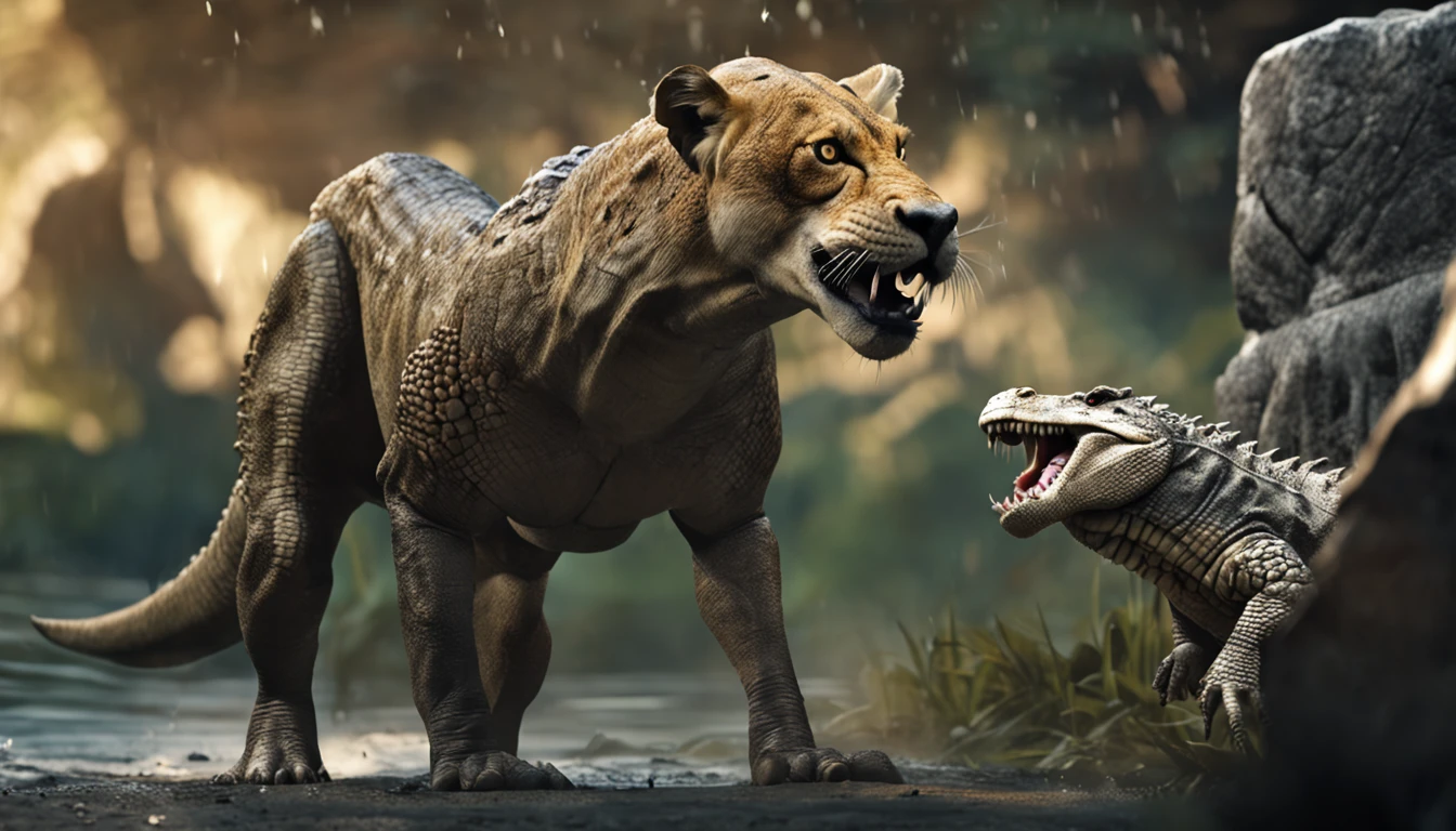 a crocodile biting a lion