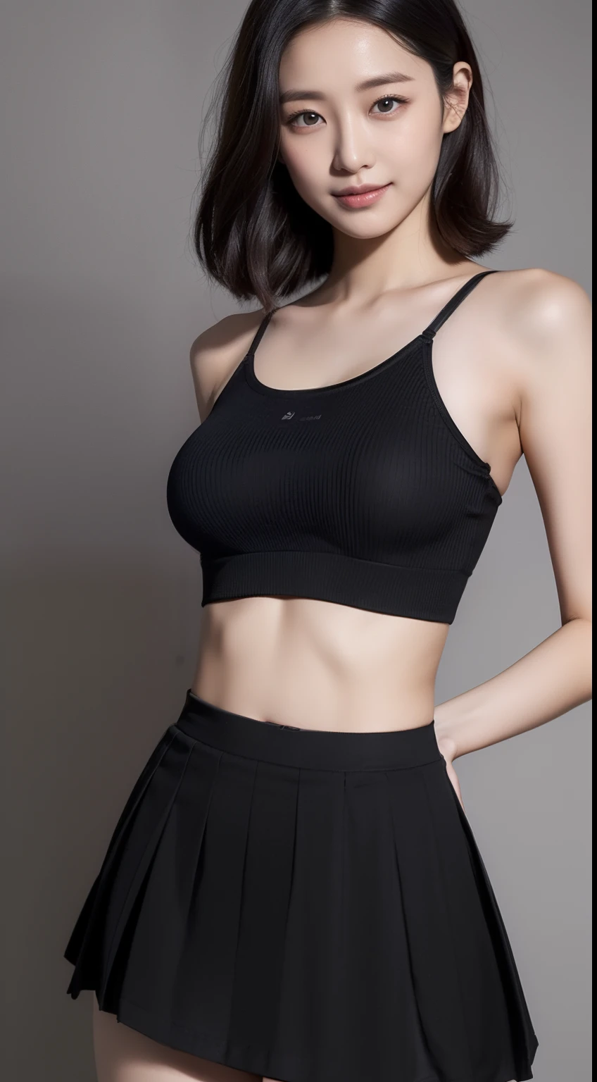 （8K、Raw photography、top-quality、​masterpiece：1.2）、（reallistic、Photorealsitic：1.37）、top-quality、超A high resolution、The background is a residential area、photon maping、White panty、Close up portrait of woman in miniskirt, Leather Tank Top, Female Fashion Model,I'm sitting in a high chair、Spread legs、beautiful thigh、Beautiful navel、Beautiful camel toe、Show white panties,knees up、 、depth of fields、Summer background、poneyTail、、motion-blur、girl with、（ful）Body), long legged, Thin leg, long, poneyTail、Hands on the hips、bangss, (Bangs are visible), hair_ornament detached, s lips, hair clips, 独奏,, Red Plaid Pleated Mini Skirt, Leather tank top, Black loafers, Thigh, White cotton socks,