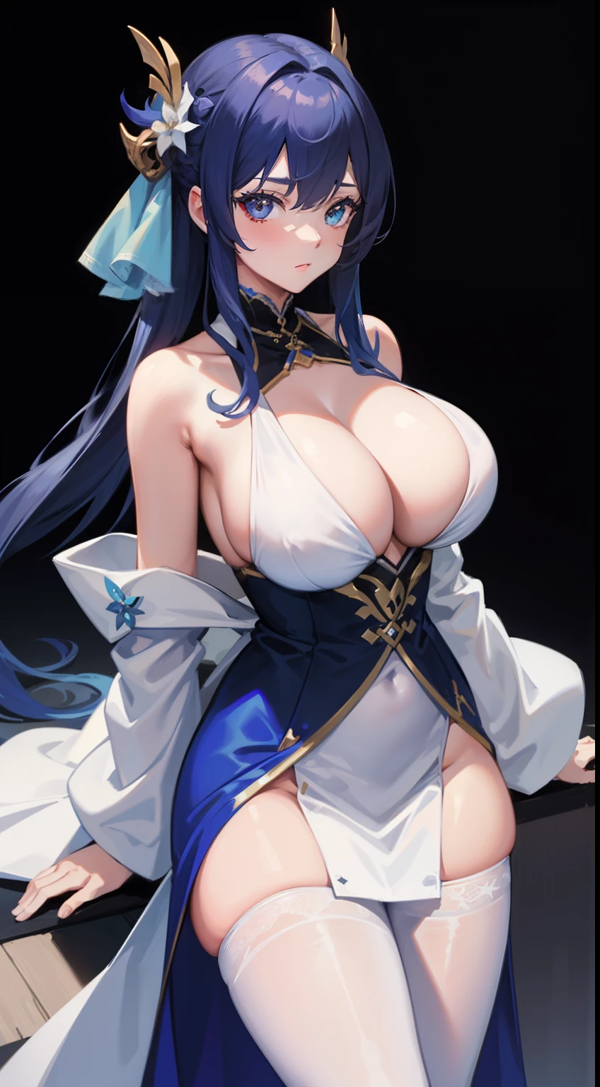 1 girl, Big Boobs, Yelan, genshin impact, wearing Blue Silk Robe Robe, Wearing white pantyhose absurdres, high res, ultrasharp, 8K, masterpiece, perfect hands, perfect eyes