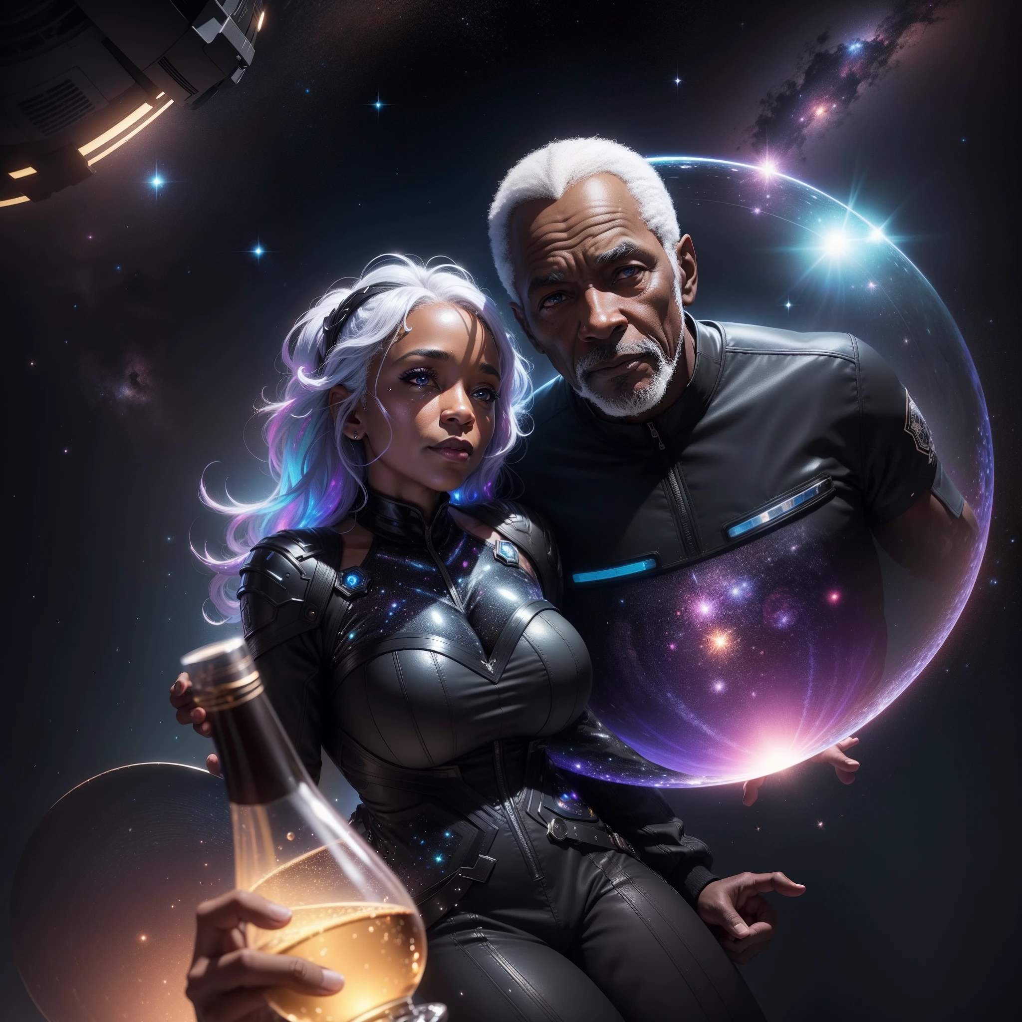 Happy elderly black man and elderly black woman floating in outer space drinking wine surrounded by floating glistening particles, glowing stars with iridescent light, highly detailed images, vibrant beautiful colours, photorealistic image, 8k, ultra HD, unreal engine rendered, cinematic lighting, artgerm style,