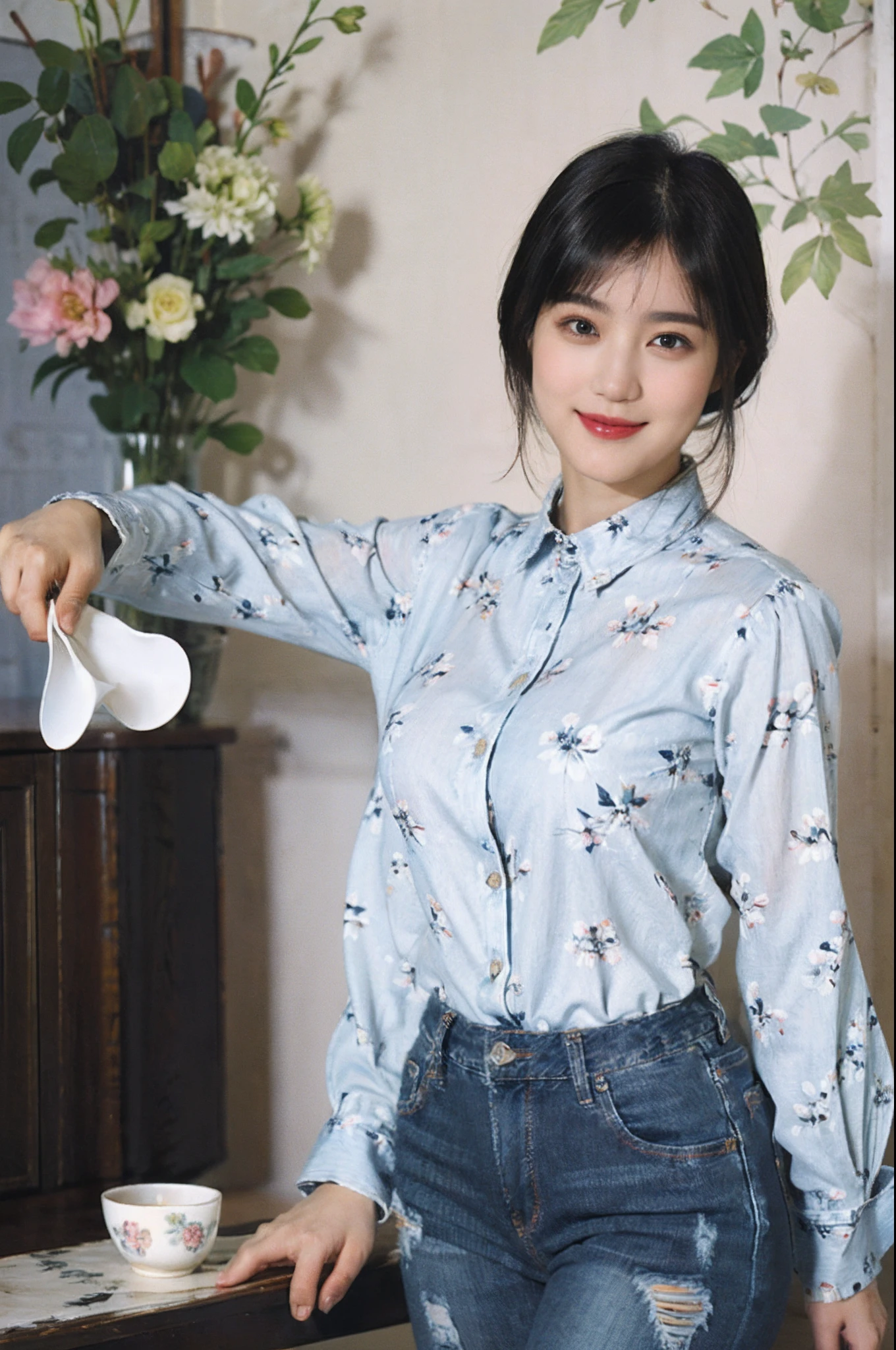 Beautiful Japan woman, white Y-shirt uniform, blue ribbon over Y-shirt, light blue checked skirt, top quality, masterpiece, super high resolution, photorealistic, smile, upper body, sunflower field, date, focus on face, background blur, full body, F1.0, hair tied with ribbon