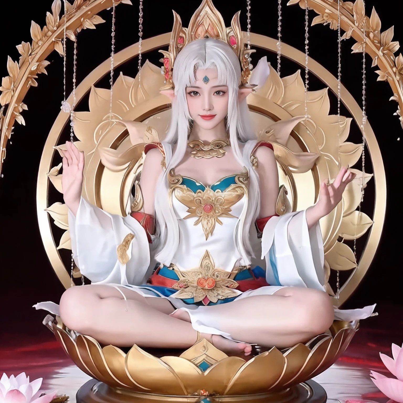 The sexy tantric Avalokiteshvara bodhisattva sits on the  lotus throne and cultivates immortals，（Yoga lotus sitting）,（Perfect delicate and good-looking face）,（Normal hands，Normal feet），（Get wet all over your body），（The whole body is drenched in ）