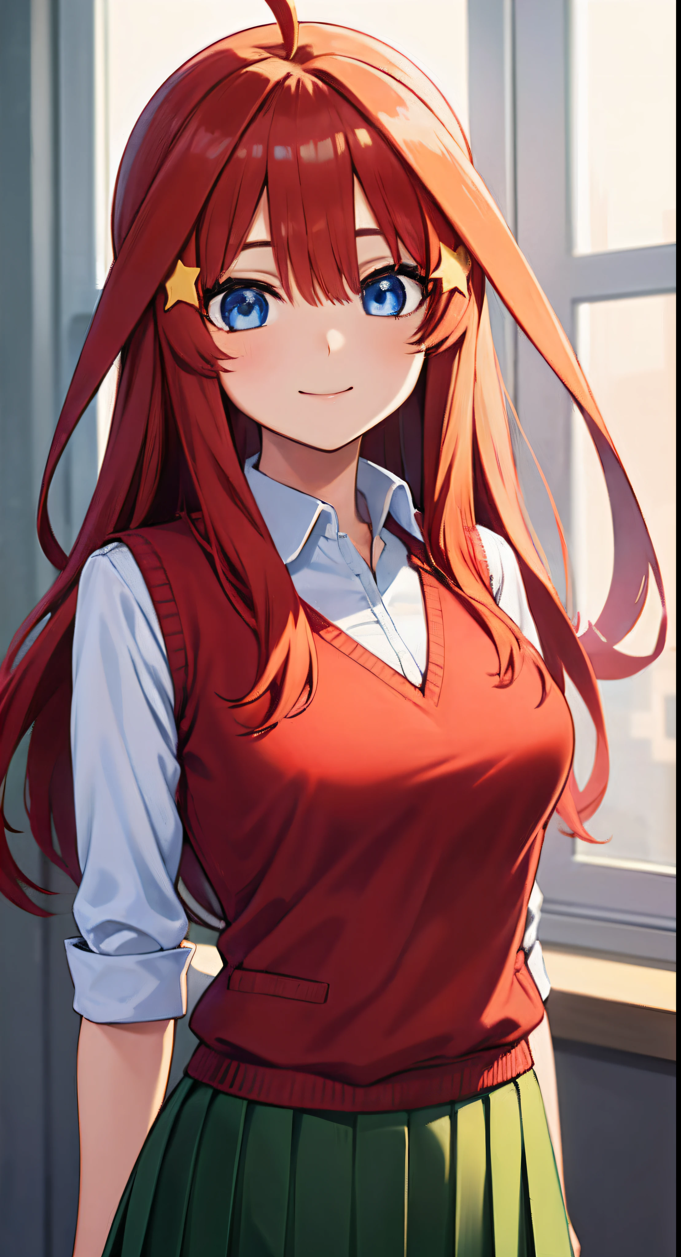 masterpiece, best quality, high resolution, 1girl, solo, nakano itsuki,(beautiful detailed eyes:1.2), star hair ornament, long hair, red hair, blue eyes, ahoge, looking at viewer, medium breasts, cleavage, hair between eyes, school uniform, green skirt,  (pleated skirt:1.1),shirt, white shirt, (red sweater vest:1.2), school room,a smile