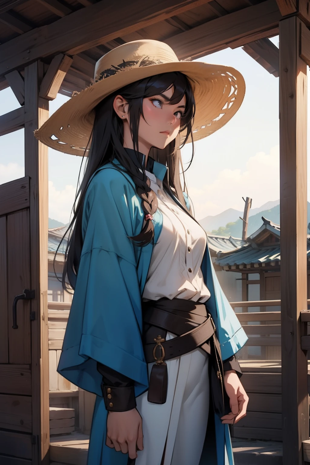 Make an illustration of an Asian girl, de cabelos pretos, with a serious face, wearing a cowboy hat and an outfit of the same style