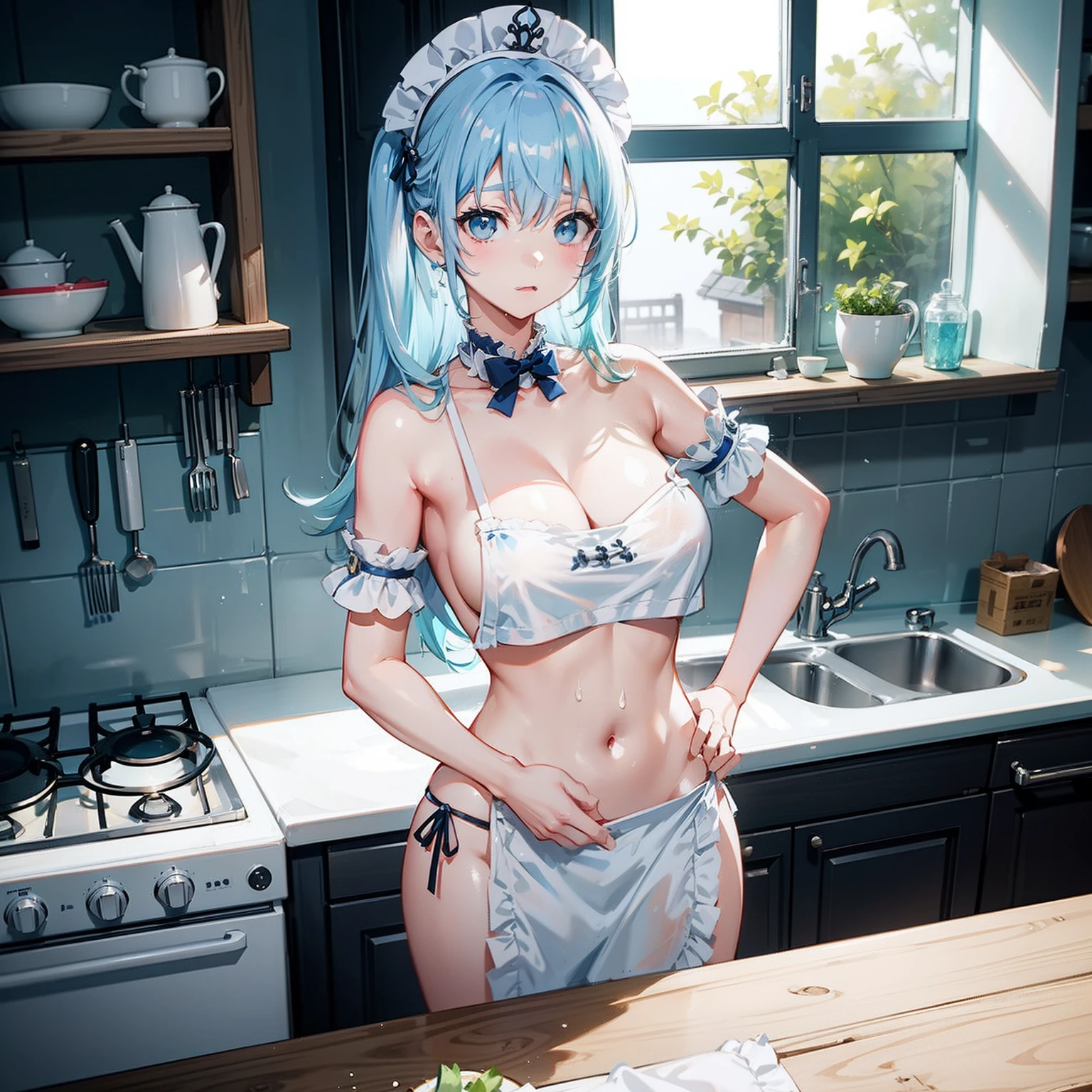 Light blue hair woman cooking in kitchen、A look of shame、shame、Naked apron、Navel out、randome pose、Maids（Messy light）、（Best Highlights）、（Best Shadows）、（highestdetailed）、（Highest image quality 8K）、（masutepiece）
