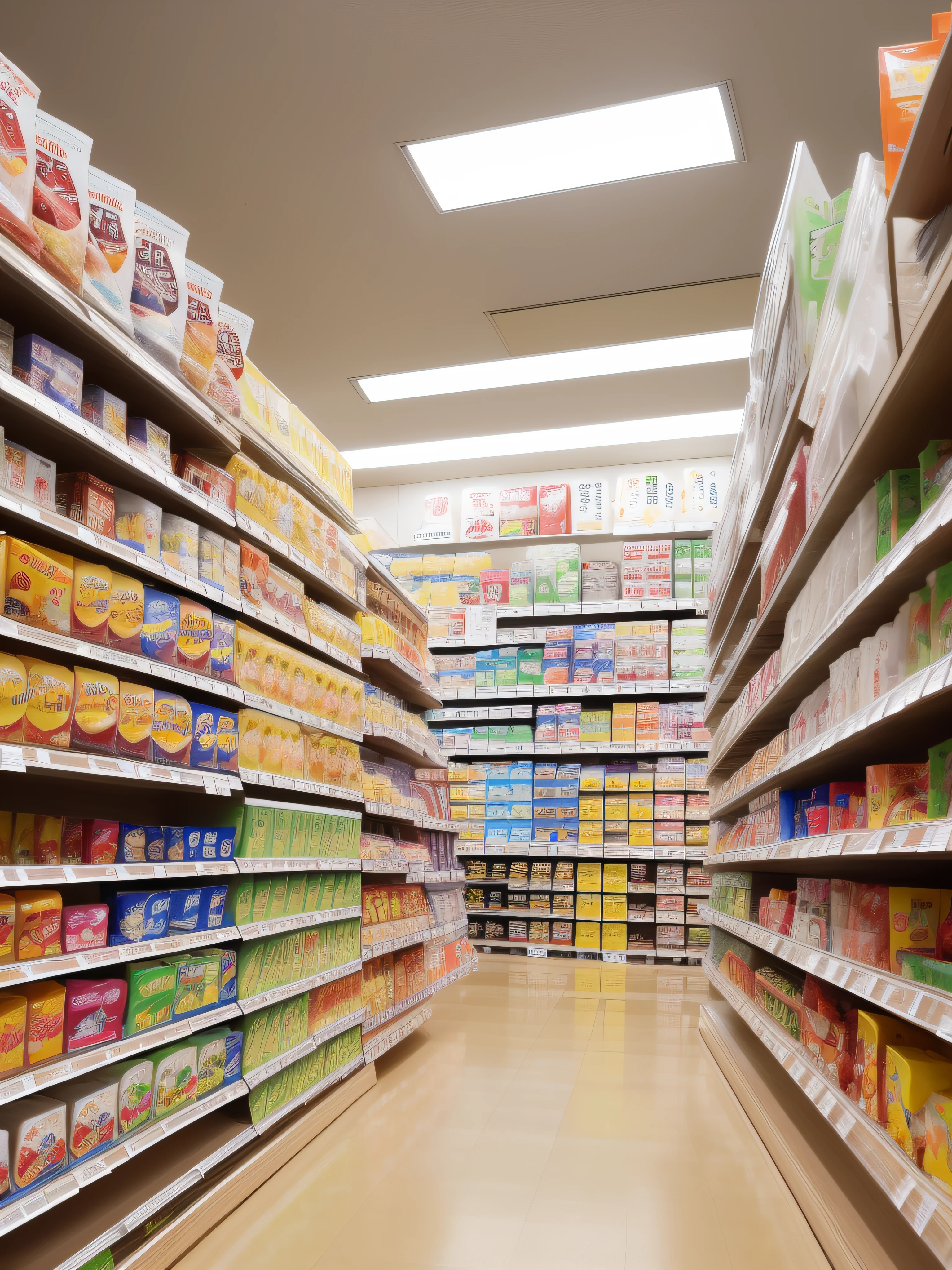 Japanese convenience store, indoor, aisle, Surrounded by products, low angle shot