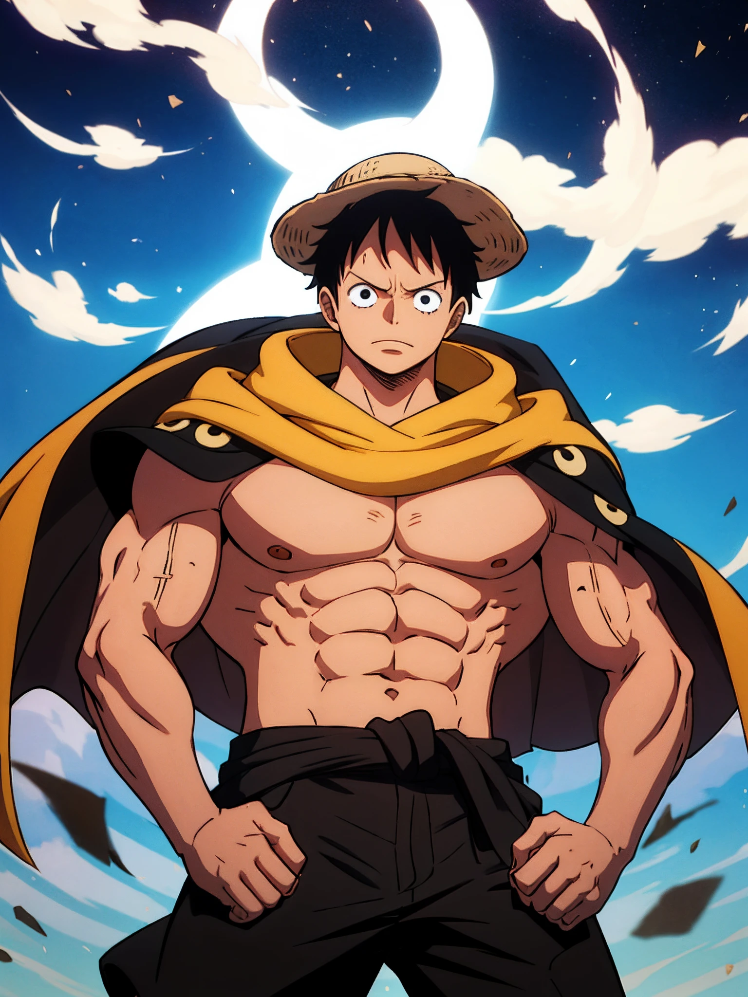 Personagem de anime parado num solo rochoso, straw hat and red open shirt, , uscular body, imposing body,Imposing appearance, muscular arms, muscular legs, only body, trapezoid torso, sturdy body, muscular body, defined round and fleshy pecs, defined washboard ABS, defined armsmuscular male soloyellow scarf at waist, 1 menino, shorts pretos, olhos pretos, Black cape attached to the neck, Luffy de One Piece, Estilo Eiichiro Oda, in the nighttime, luz baixa, Luz Natural, pose de luta, roupas danificadas, pele danificada, Sky background with red full moon, luz baixa, raios de luz, Aura poder, particle floating, olhos zangados, rosto irritado, chateado, olhando para frente, Foco masculino, strong muscles, Closed hands, dedos bem formados, (8k muito detalhado), (melhor qualidade), (melhores sombras).