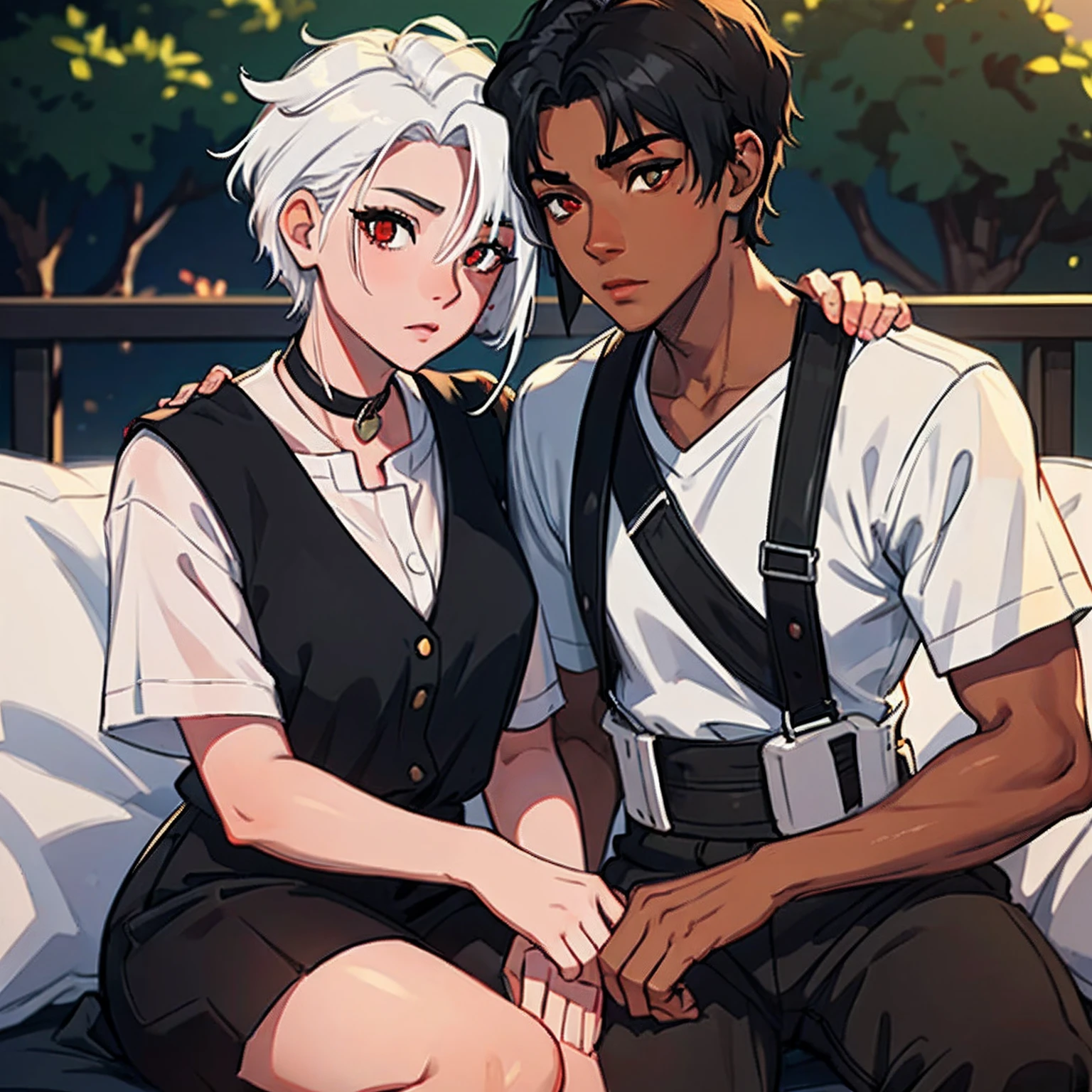 (couple), (Boy with black hair, brown skin, green eyes,), (girl with white hair, red eyes, dark eyelids, light skin), (American style).