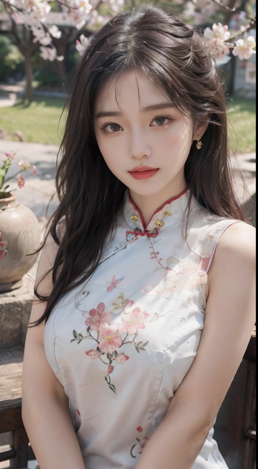 A delicate beautiful girl,goddes,Fairy air fluttering,beautidful eyes,Charming eyes,Moisturized lips,Long-haired milk tea gray dumplings,(ssmile:1.3),Detailed portrayal of the face,The expression described in detail,Detailed depiction of facial features,Master masterpieces,finedetail,Describe the role in detail,Detailed depiction of hair,Carefully depicted sexy body,The body is bumpy,Detailed depiction of hands,Clothes depicted in detail,Detailed portrayal of the face,s the perfect face,(Finely depicted hands,4 fingers with one thumb:1.3),orthofacial,choker necklace,lipsticks,eardrop,Works of masters,Infinitely close to reality,(fully body photo:1.4),Highest image quality,best qualityer,infinite details,8K分辨率,(((Beautifully patterned embroidered cheongsam 1.3))),(((on cheongsam))),((cherry blossom tree background))