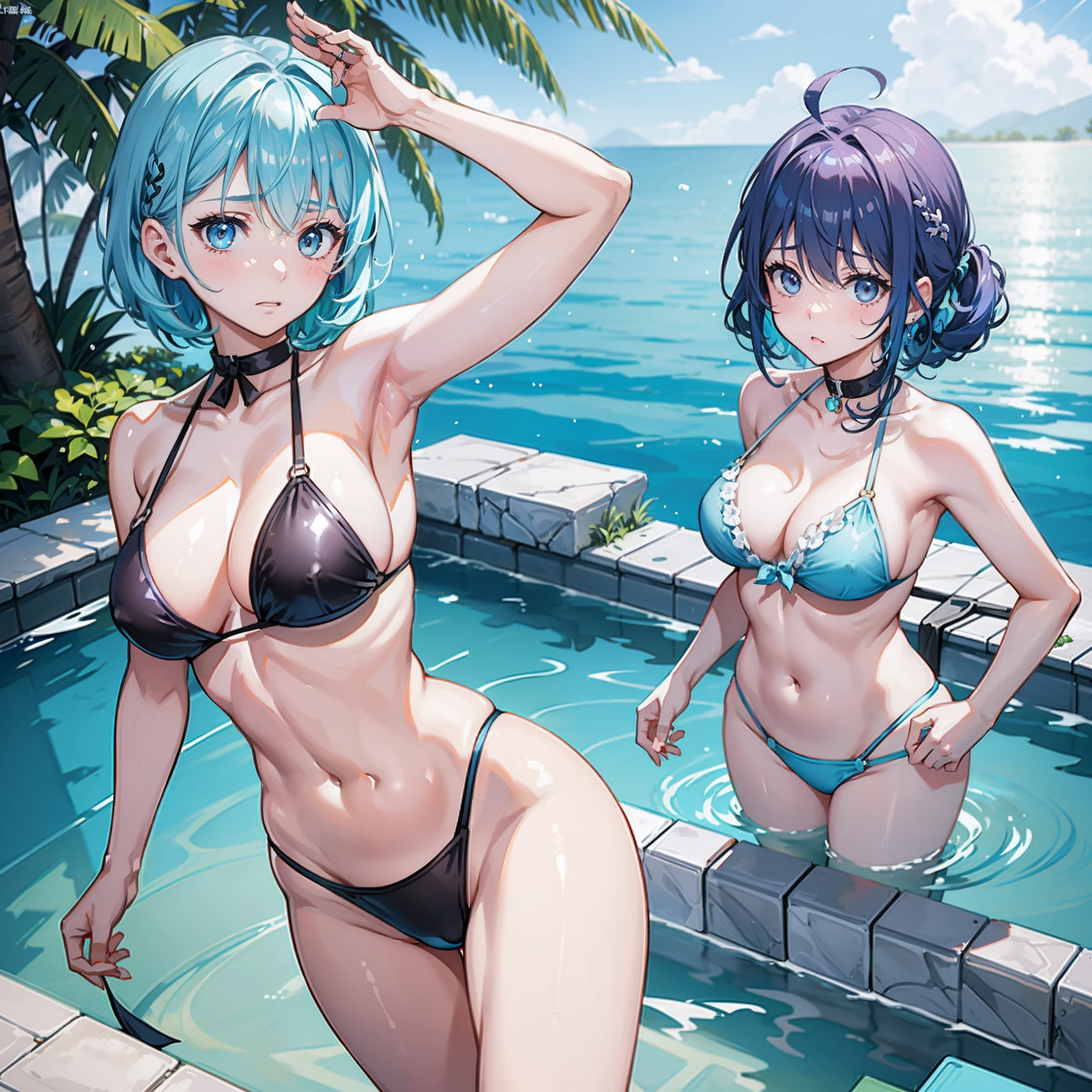 Woman with light blue hair playing in pool、A look of shame、shame、maikurobikini、The best body、Navel out、randome pose、(Messy light)、(Best Highlights)、(Best Shadows)、(highestdetailed)、(Highest image quality 8K)、(masutepiece)
