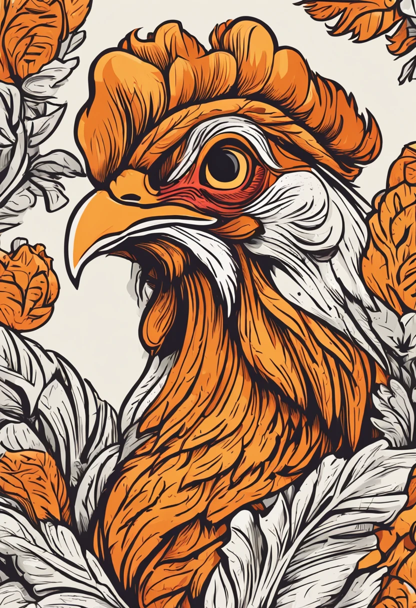 Design a logo。There is an image of a cartoon chicken in the center of the logo，It can have a bright feather color，Probably orange、Yellow or red, etc。The image of the chicken can be in a standing position，Show a sense of confidence and strength。Eyes can be large and bright，Show an expression full of curiosity and energy。Feathers can be expressed by lines，Show details in a simplified way。The image of a chicken can stand on a simple pedestal，It can have the brand name "Fried Chicken Man" on it，Use modern、Powerful fonts，Goes well with the image of the chicken。