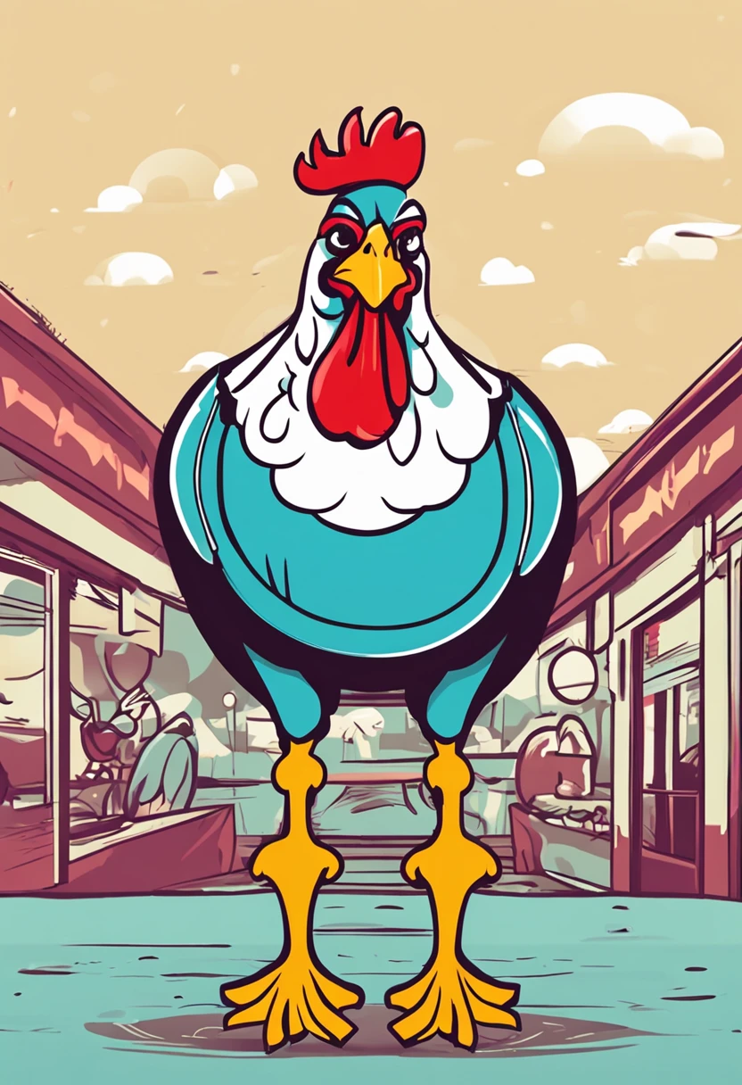 Design a logo。There is an image of a cartoon chicken in the center of the logo，It can have a bright feather color，Probably orange、Yellow or red, etc。The image of the chicken can be in a standing position，Show a sense of confidence and strength。Eyes can be large and bright，Show an expression full of curiosity and energy。Feathers can be expressed by lines，Show details in a simplified way。The image of a chicken can stand on a simple pedestal，It can have the brand name "Fried Chicken Man" on it，Use modern、Powerful fonts，Goes well with the image of the chicken。