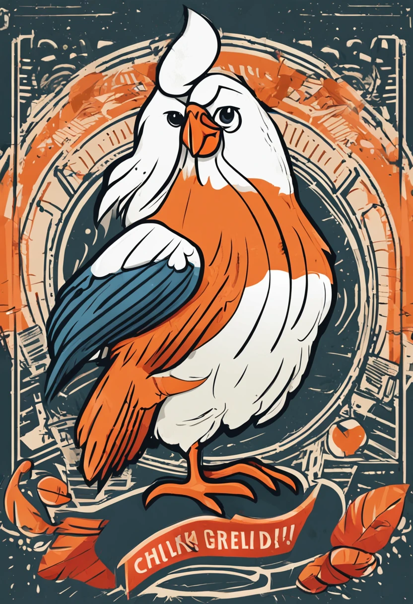 Design a logo。There is an image of a cartoon chicken in the center of the logo,It can have a bright feather color,Probably orange、Yellow or red, etc。The image of the chicken can be in a standing position,Show a sense of confidence and strength。Eyes can be large and bright,Show an expression full of curiosity and energy。Feathers can be expressed by lines,Show details in a simplified way。The image of a chicken can stand on a simple pedestal,It can have the brand name "Fried Chicken Man" on it,Use modern、Powerful fonts,Goes well with the image of the chicken。