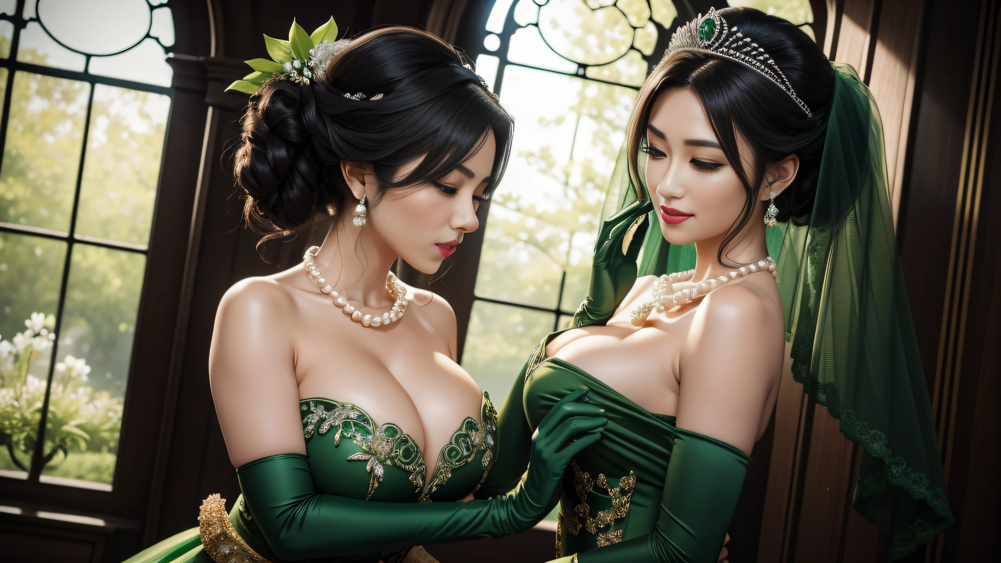 Green Dress Flower Cleanser,Sense of atmosphere, best qualtiy,tmasterpiece,1girll,30-years old,Green dress,Daytime Church,The upper part of the body, Green gloves,With short black hair, beautiful,looking at viewert,ssmile,Green Bridal Veil,Green Long Grove,Satin green long gloves, lipsticks, Pearl Necklace、Green gloves, emerald tiara, A Japanese Lady, the kiss