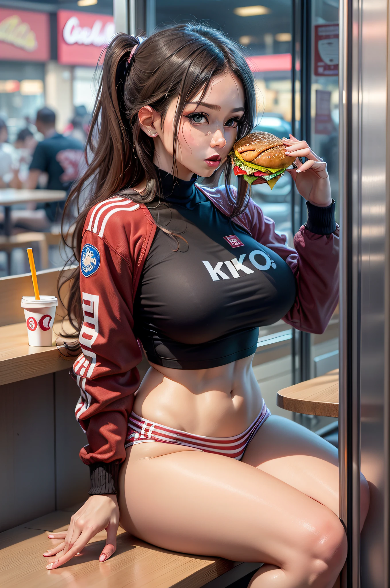 /imagine prompt:a blone instagram model sitting at a fast food resurant in a booth next to the window eating a chicken with a coke on the table,8k HD resilotion,red sweter,18 years old, hyper relistic,big breast,thick,kfc,