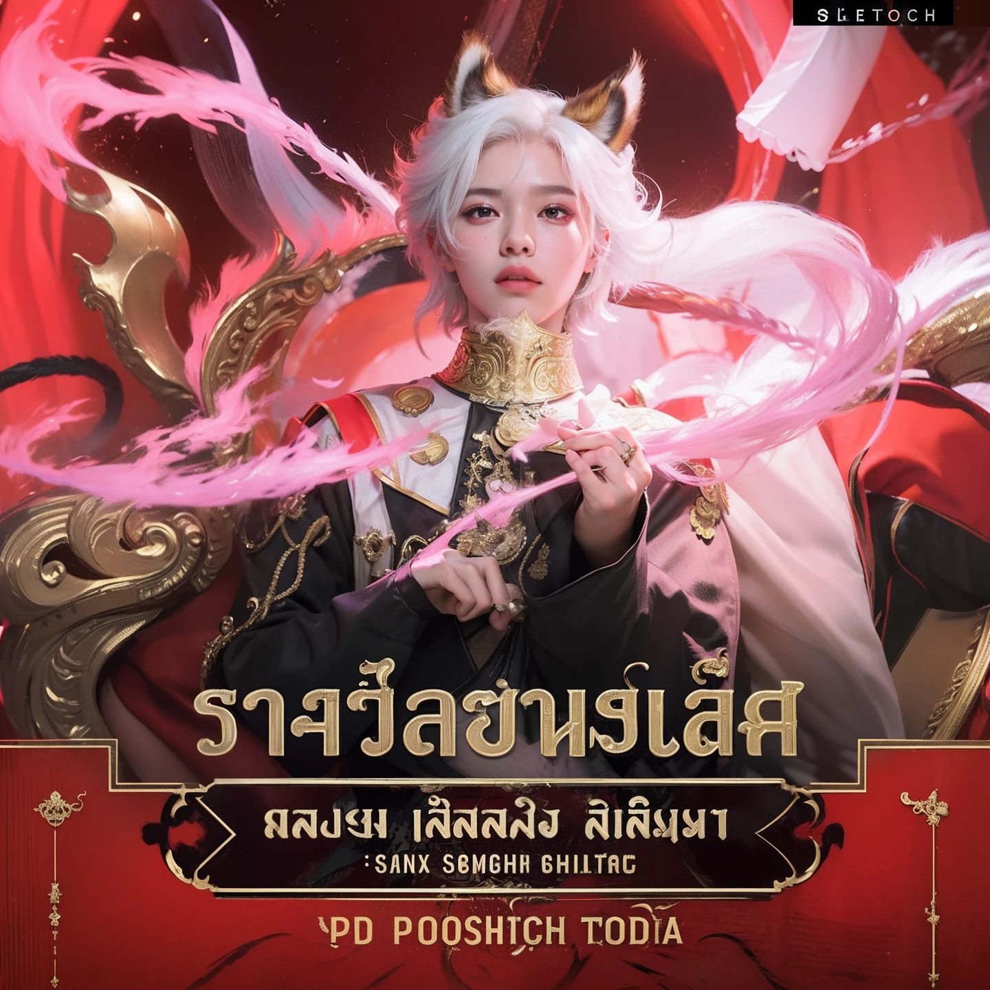 best quality, masterpiece, (photorealistic:1.4),boy,shirt with collars, waist up, dramatic lighting, from below , handsome, sixpack, charming, cute, white skin, realistic, ultra detail, perfect face, perfect eyes,fire magic, traditional Thai dress,red tiger ear ,tiger tail, white hair,red eyes,