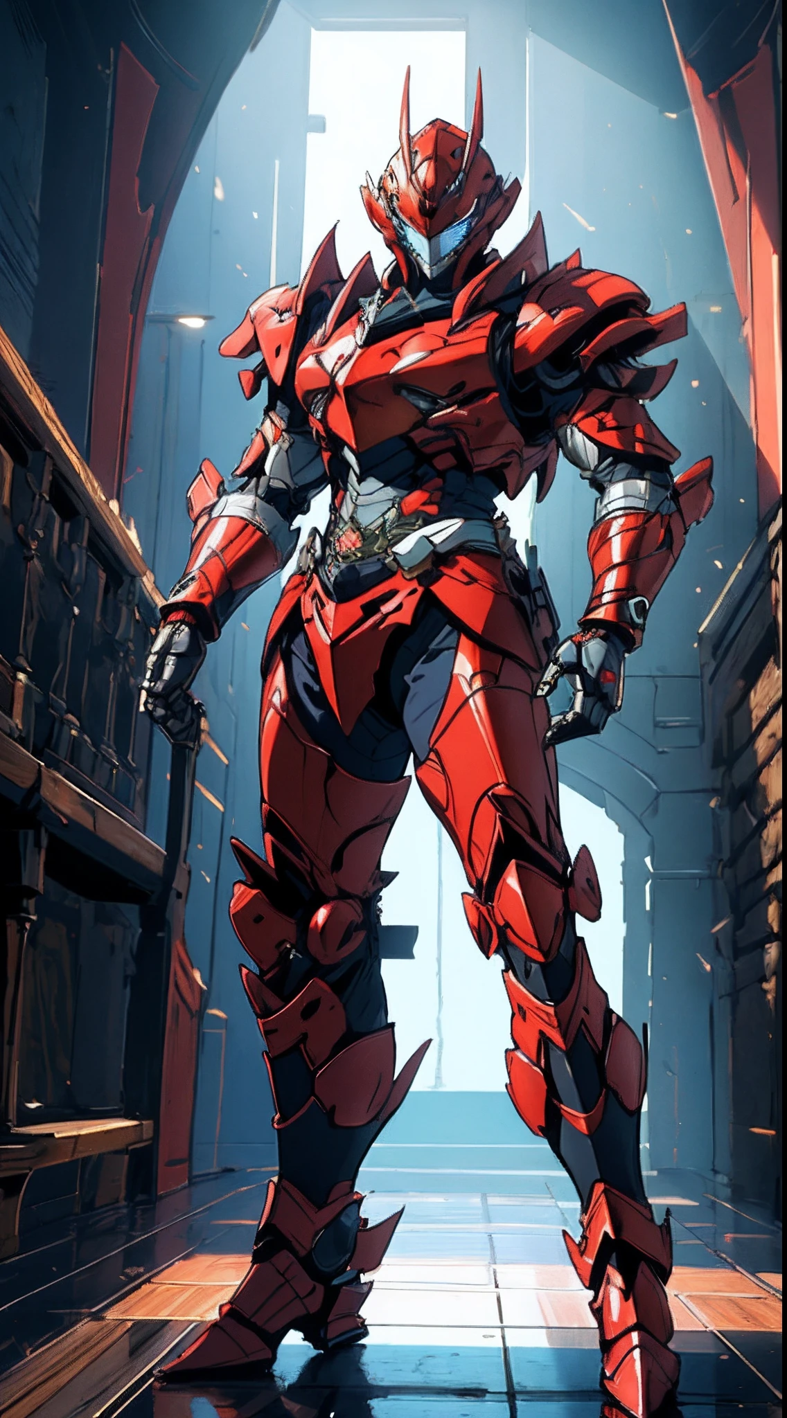 A man wearing a full-face helmet that covers most of his face, adorned in a biomimetic fantasy-style armor, the predominant black color is accented with red textures in the design this character embodies a finely crafted fantasy-style armored warrior design in anime, ((character concept art)), full body character drawing, high definition, best quality, ultra-detailed, extremely delicate, anatomically correct, symmetrical face, extremely detailed eyes and face, high quality eyes, creativity, RAW photo, UHD, 16k, (Natural light, cinematic lighting, masterpiece:1.5)
