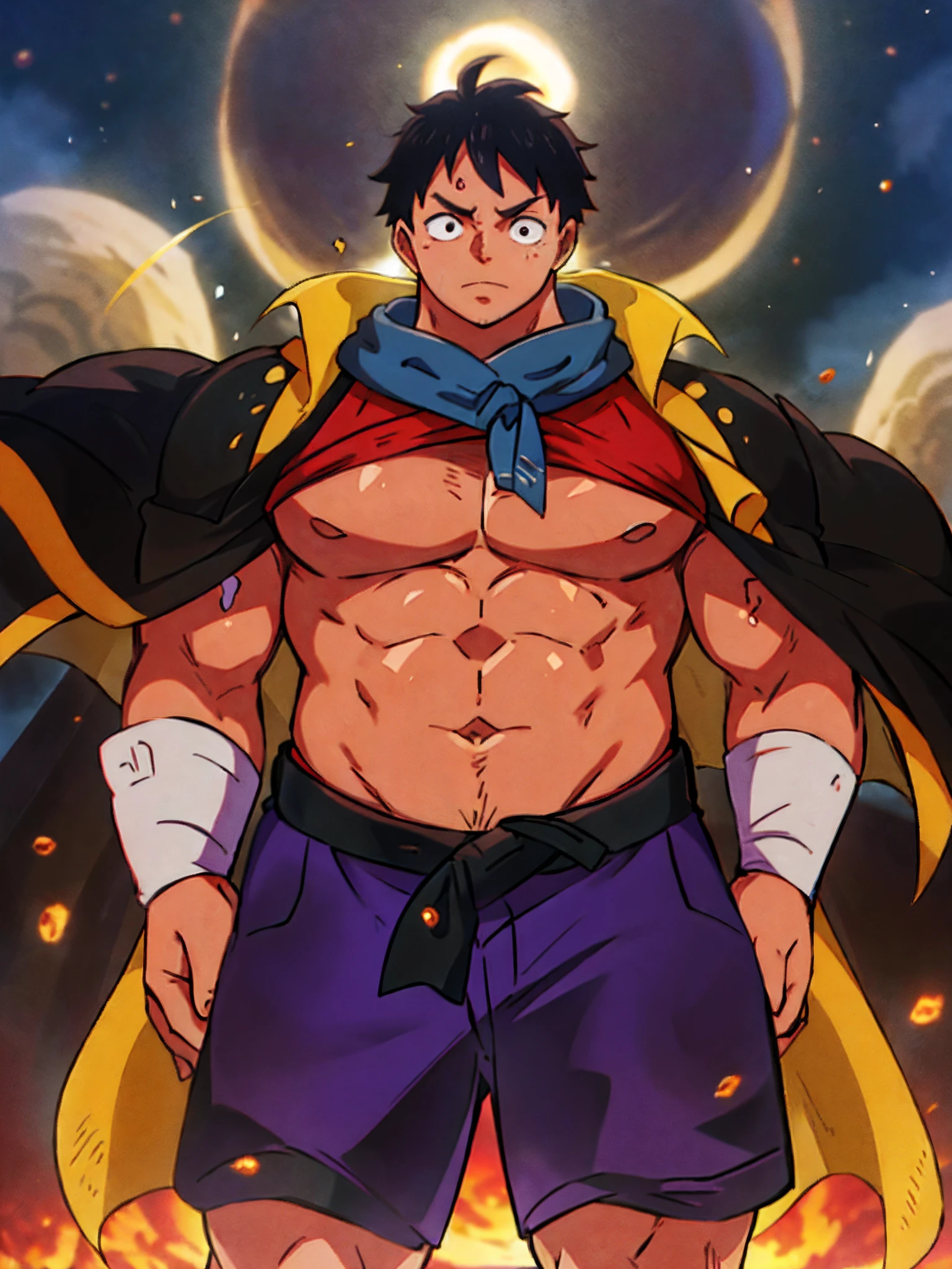 Personagem de anime parado num solo rochoso, straw hat and red open shirt, , uscular body, imposing body,Imposing appearance, muscular arms, muscular legs, only body, trapezoid torso, sturdy body, muscular body, defined round and fleshy pecs, defined washboard ABS, defined armsmuscular male soloyellow scarf at waist, 1 menino, shorts pretos, olhos pretos, Black cape attached to the neck, Luffy de One Piece, Estilo Eiichiro Oda, in the nighttime, luz baixa, Luz Natural, pose de luta, roupas danificadas, pele danificada, Sky background with red full moon, luz baixa, raios de luz, Aura poder, particle floating, olhos zangados, rosto irritado, chateado, olhando para frente, Foco masculino, strong muscles, Closed hands, dedos bem formados, (8k muito detalhado), (melhor qualidade), (melhores sombras).