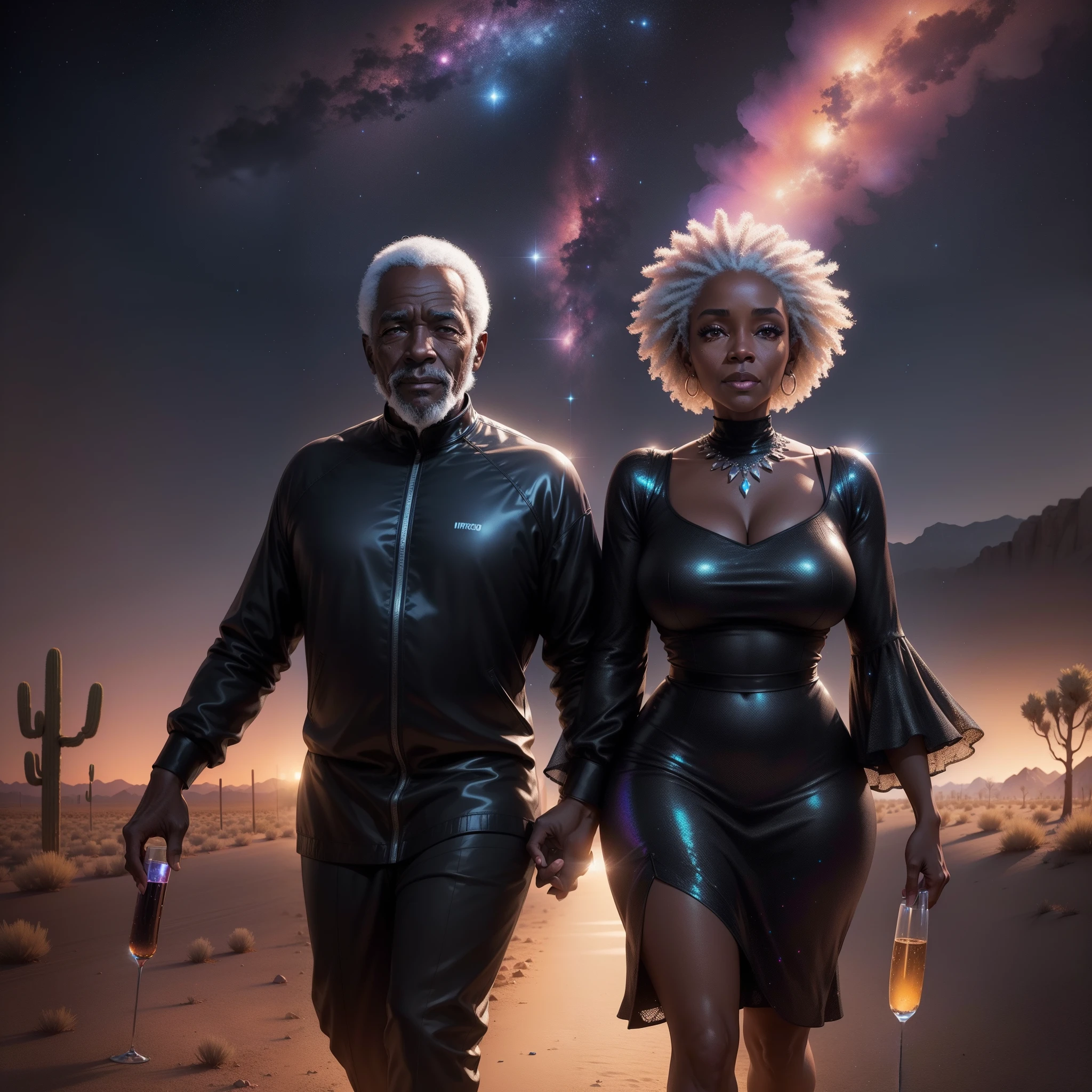 Happy elderly black man and elderly black woman walking in a desert at night, drinking wine surrounded by floating glistening particles, glowing stars with iridescent light, highly detailed images, vibrant beautiful colours, photorealistic image, 8k, ultra HD, unreal engine rendered, cinematic lighting, artgerm style,