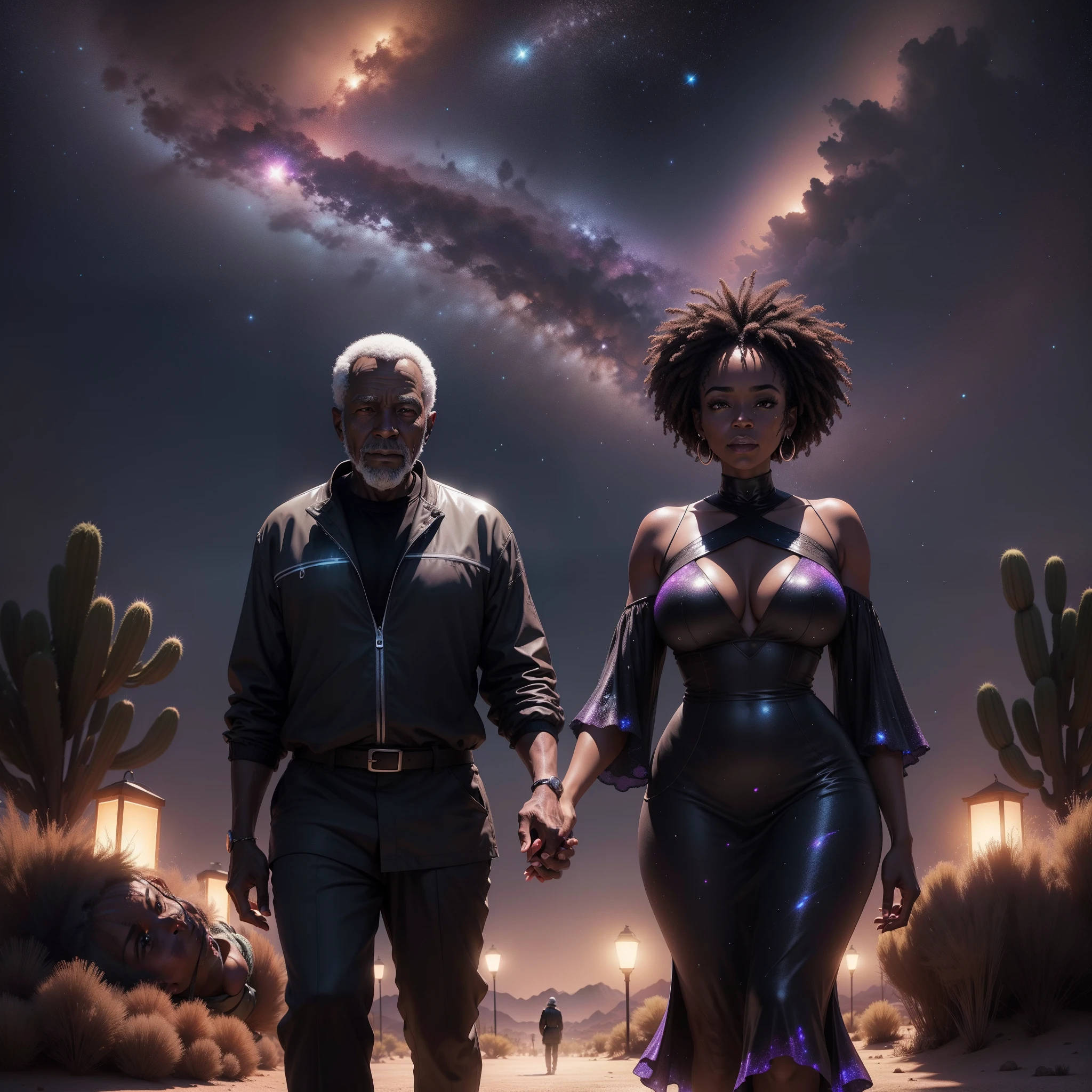 Happy elderly black man and elderly black woman walking in a desert at night, drinking wine surrounded by floating glistening particles, glowing stars with iridescent light, highly detailed images, vibrant beautiful colours, photorealistic image, 8k, ultra HD, unreal engine rendered, cinematic lighting, artgerm style,