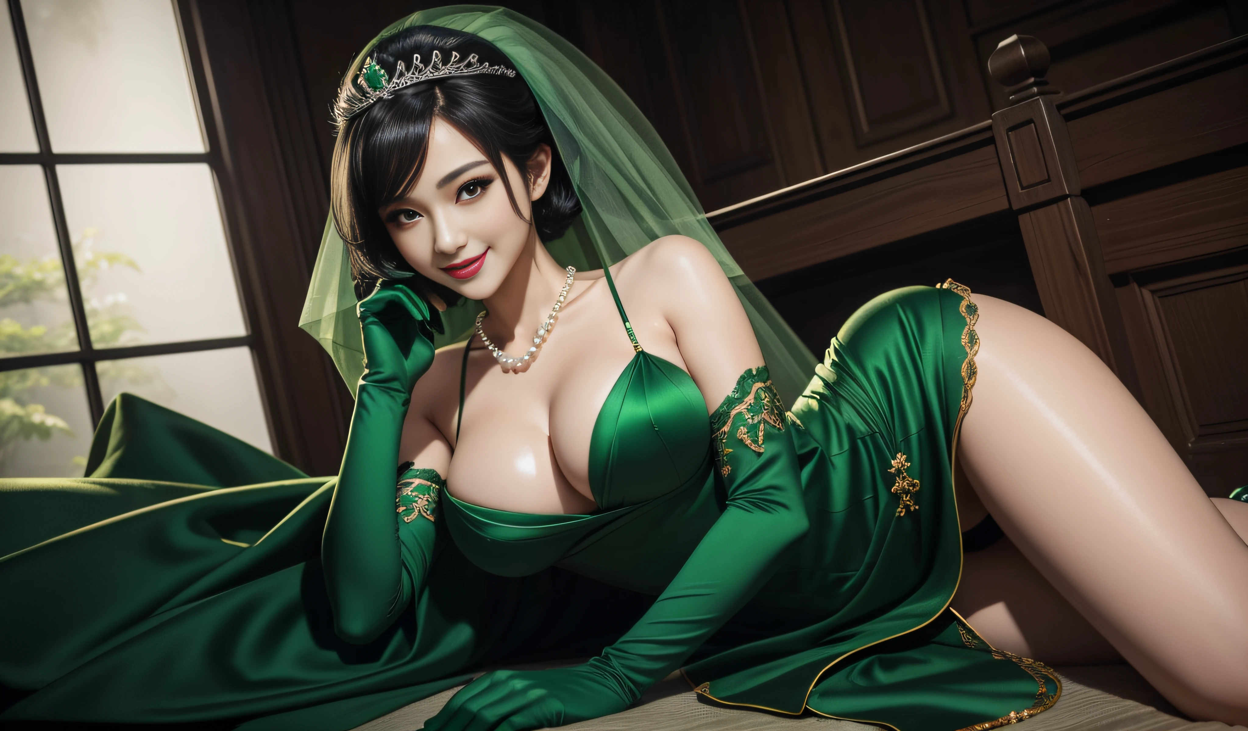 studio lights、depth of fields、The upper part of the body、A slender、cute  face、A smile、Beautiful detail eyes、Green Dress Flower Cleanser，Sense of atmosphere, best qualtiy，tmasterpiece，1girll，30-years old，Green dress，Daytime Church，full body Esbian, Green gloves，With short black hair,，big breasts beautiful，looking at viewert，ssmile，Green Bridal Veil，Green Long Grove，Satin green long gloves,　lipsticks, Pearl Necklace、Green gloves,　emerald tiara, A Japanese Lady, the kiss