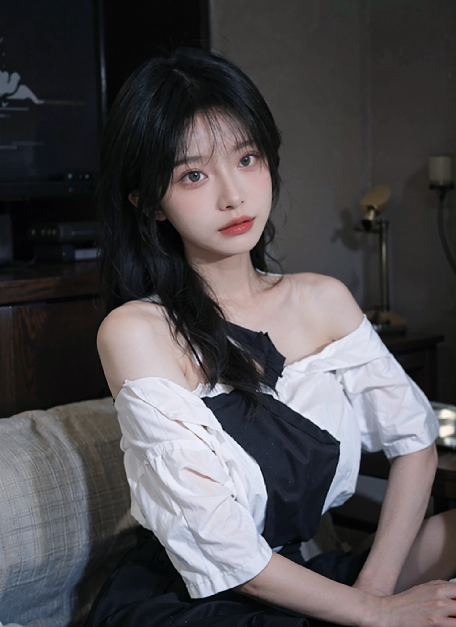 best qualtiy, 超高分辨率, (realisticlying:1.4), 2 girls, A pair of smart eyes,,Royal Sister,Off-shoulder white shirt, Black tight skirt, (Faded gray-gray hair:1), (big cleavage breasts:1.2), looking at viewert, closeup cleavage ,