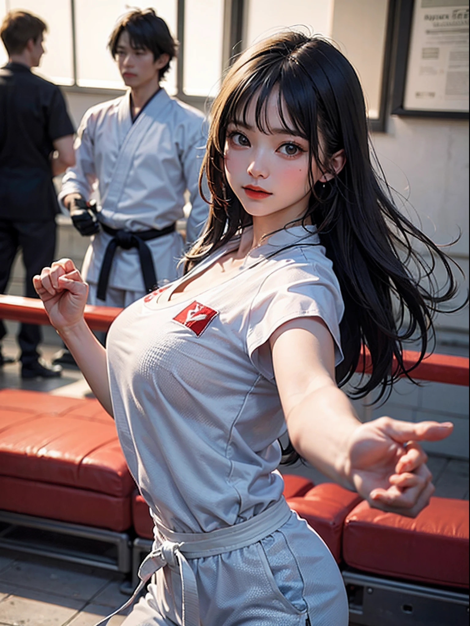 surrealism, Verism, nffsw, Anatomically correct, Textured skin, high details, awardwinning, hight resolution, 8K, 1girl in, (FULL BODYSHOT), Does not extend off the screen、Strong Karate Female Athletes、Wearing a karate uniform、Beautiful fece、beautiful countenance、A detailed face、perfectly proportions、Trained muscular body、爆乳、big breasts thin waist、Maximum 4 fingers and 1 thumb relationship, Battle Pose、karate pose、Dynamic Poses、Bewitching、amorous、The background is a karate dojo、blur backgroun、