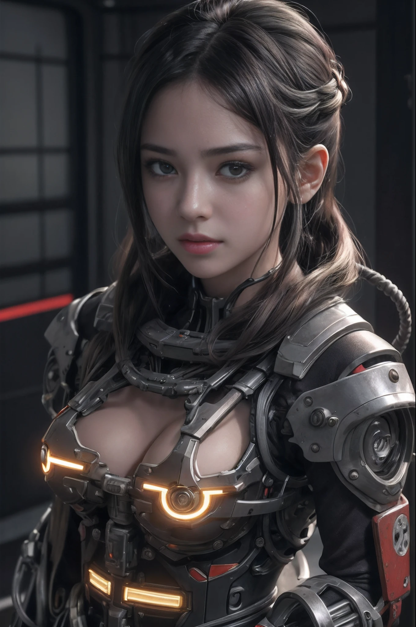 of the highest quality, masutepiece, Ultra High Resolution, (Photorealistic: 1.4), Raw photo, 1 Cyberpunk Girl, Black hair, Glossy skin, 1 Mechanical Girl, (super realistic details)), Full body, Global Illumination, Contrasty, shadowy, Octane Rendering, 8K, ultrasharp, Cleavage exposed, Raw skin, Metal, Intricate decoration details, Japan details, high intricate detailed, Realistic light, Trends in CG, Facing the camera, neon details, Mechanical limbs, blood vessels connected to tubes, Mechanical vertebrae attached to the back, Mechanical cervical attachment to the neck, Wires and cables connecting to the head, Gundam, Small LED lamps.14 years old girl、silber hair、Perfectly round pupils、Tremendous irisﾃﾞｨﾃｰﾙ