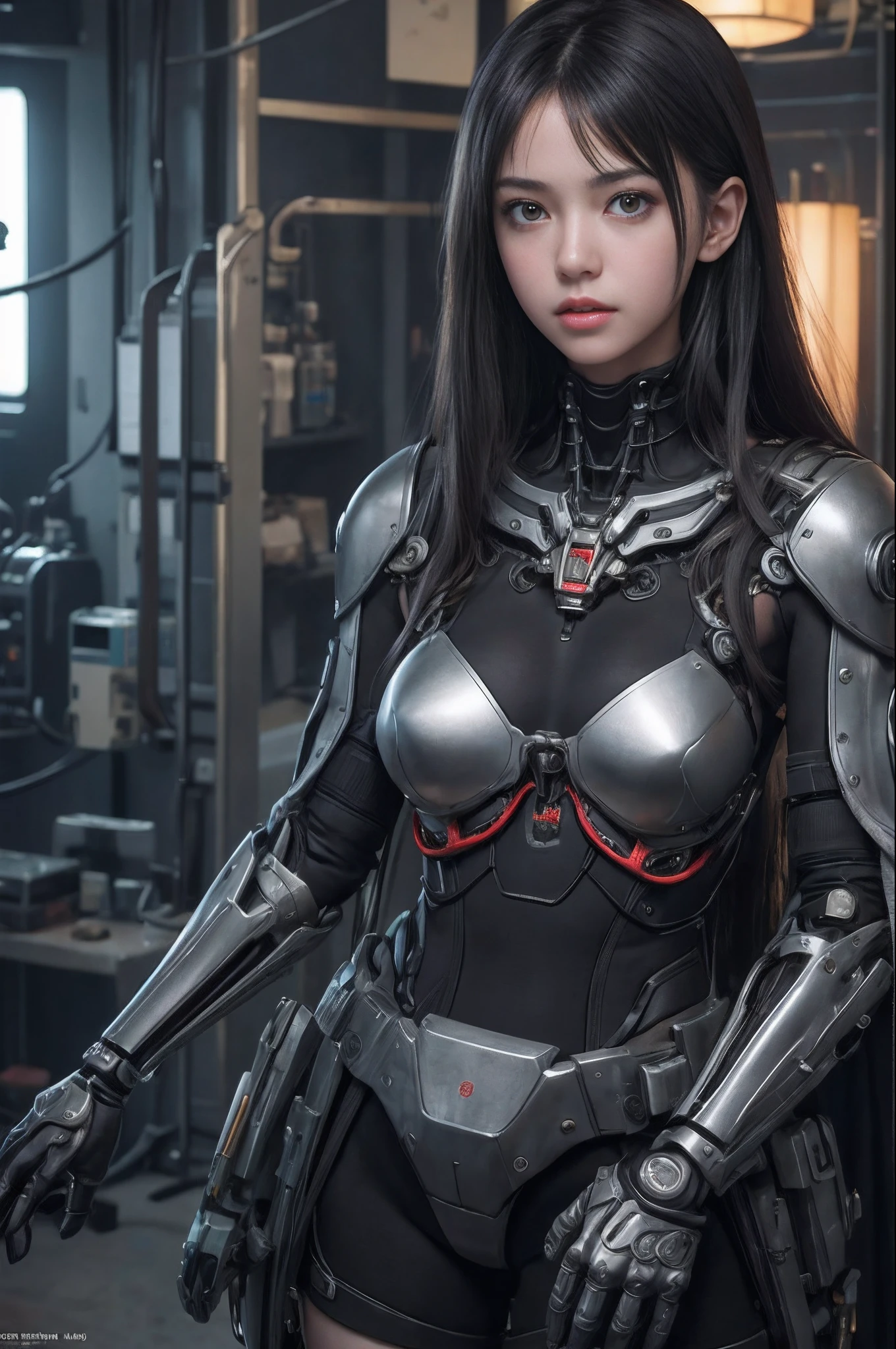 of the highest quality, masutepiece, Ultra High Resolution, (Photorealistic: 1.4), Raw photo, 1 Cyberpunk Girl, Black hair, Glossy skin, 1 Mechanical Girl, (super realistic details)), Full body, Global Illumination, Contrasty, shadowy, Octane Rendering, 8K, ultrasharp, Cleavage exposed, Raw skin, Metal, Intricate decoration details, Japan details, high intricate detailed, Realistic light, Trends in CG, Facing the camera, neon details, Mechanical limbs, blood vessels connected to tubes, Mechanical vertebrae attached to the back, Mechanical cervical attachment to the neck, Wires and cables connecting to the head, Gundam, Small LED lamps.14 years old girl、silber hair、Perfectly round pupils、Tremendous irisﾃﾞｨﾃｰﾙ