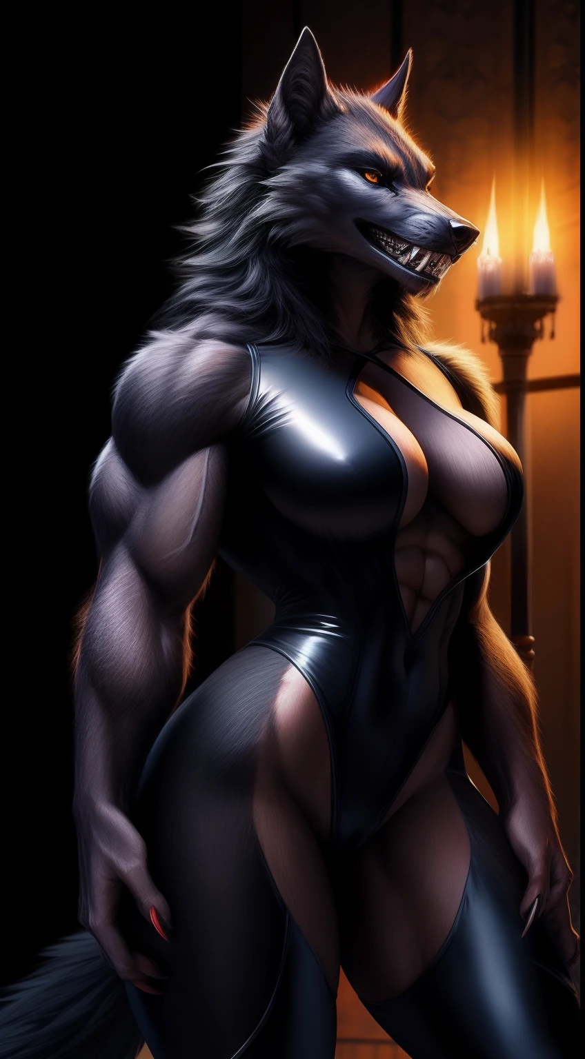 realistic, best quality, werewolf woman, black high cut bodysuit, muscular, large bust, hourglass body, thicc, fit, claws, sharp teeth
