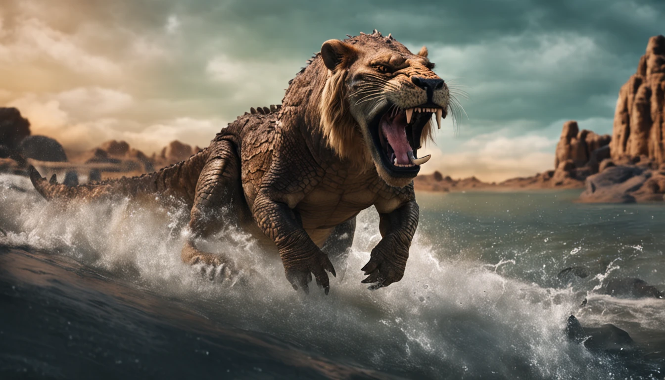 a crocodile with a lion in its mouth