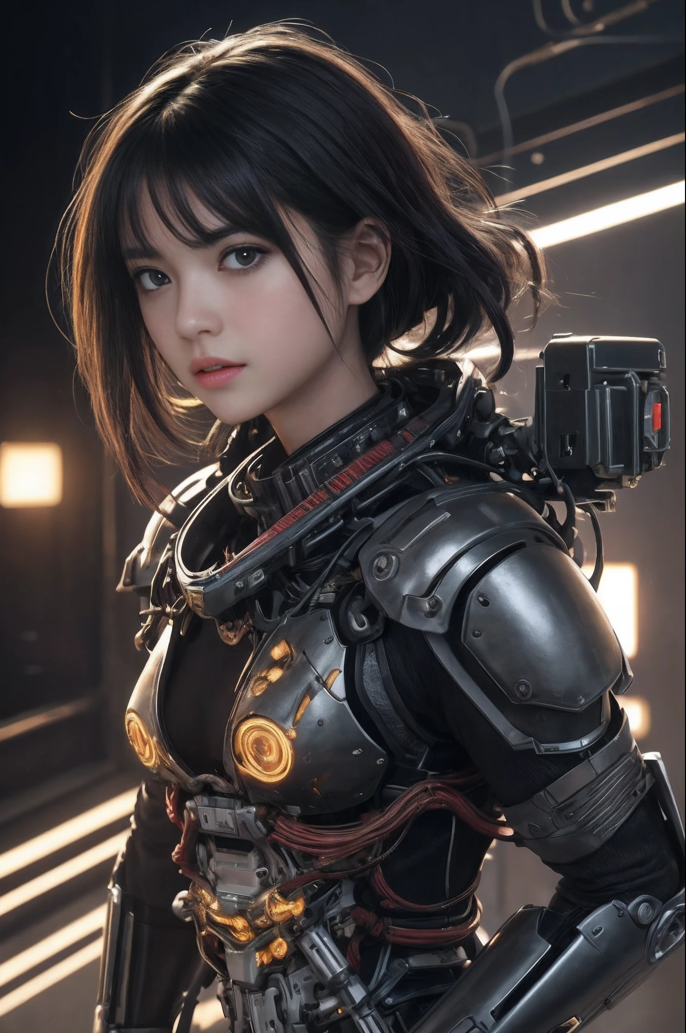 of the highest quality, masutepiece, Ultra High Resolution, (Photorealistic: 1.4), Raw photo, 1 Cyberpunk Girl, Black hair, Glossy skin, 1 Mechanical Girl, (super realistic details)), Full body, Global Illumination, Contrasty, shadowy, Octane Rendering, 8K, ultrasharp, Cleavage exposed, Raw skin, Metal, Intricate decoration details, Japan details, high intricate detailed, Realistic light, Trends in CG, Facing the camera, neon details, Mechanical limbs, blood vessels connected to tubes, Mechanical vertebrae attached to the back, Mechanical cervical attachment to the neck, Wires and cables connecting to the head, Gundam, Small LED lamps.14 years old girl、silber hair、Perfectly round pupils、Tremendous irisﾃﾞｨﾃｰﾙ