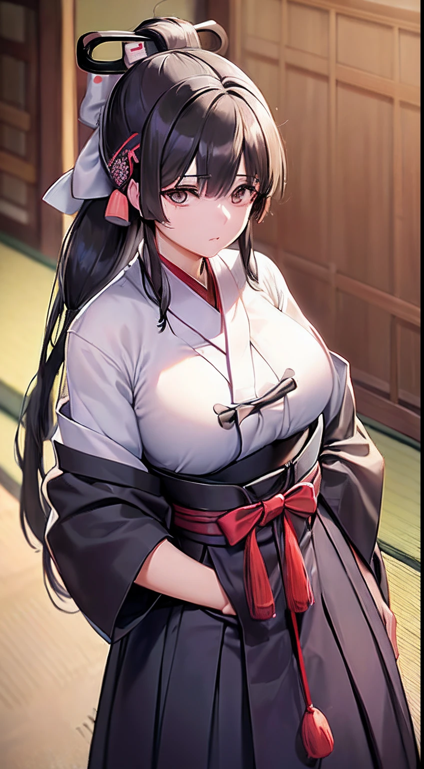 (Kyudo:1.4),(Woman with Japan bow:1.4)、1girl in,Black hair fringe long hair、Braided hair、disheveled hair、Light brown eyes、(Extraordinary beauty)、(dignified expression)、(Hakama:1.4)、(爆乳:1.4)、dojo、(Photorealsitic)、(intricate detailes:1.2)、(​masterpiece、:1.3)、(top-quality:1.4)、(超A high resolution:1.2)、超A high resolution、(A detailed eye)、(detailed facial features)