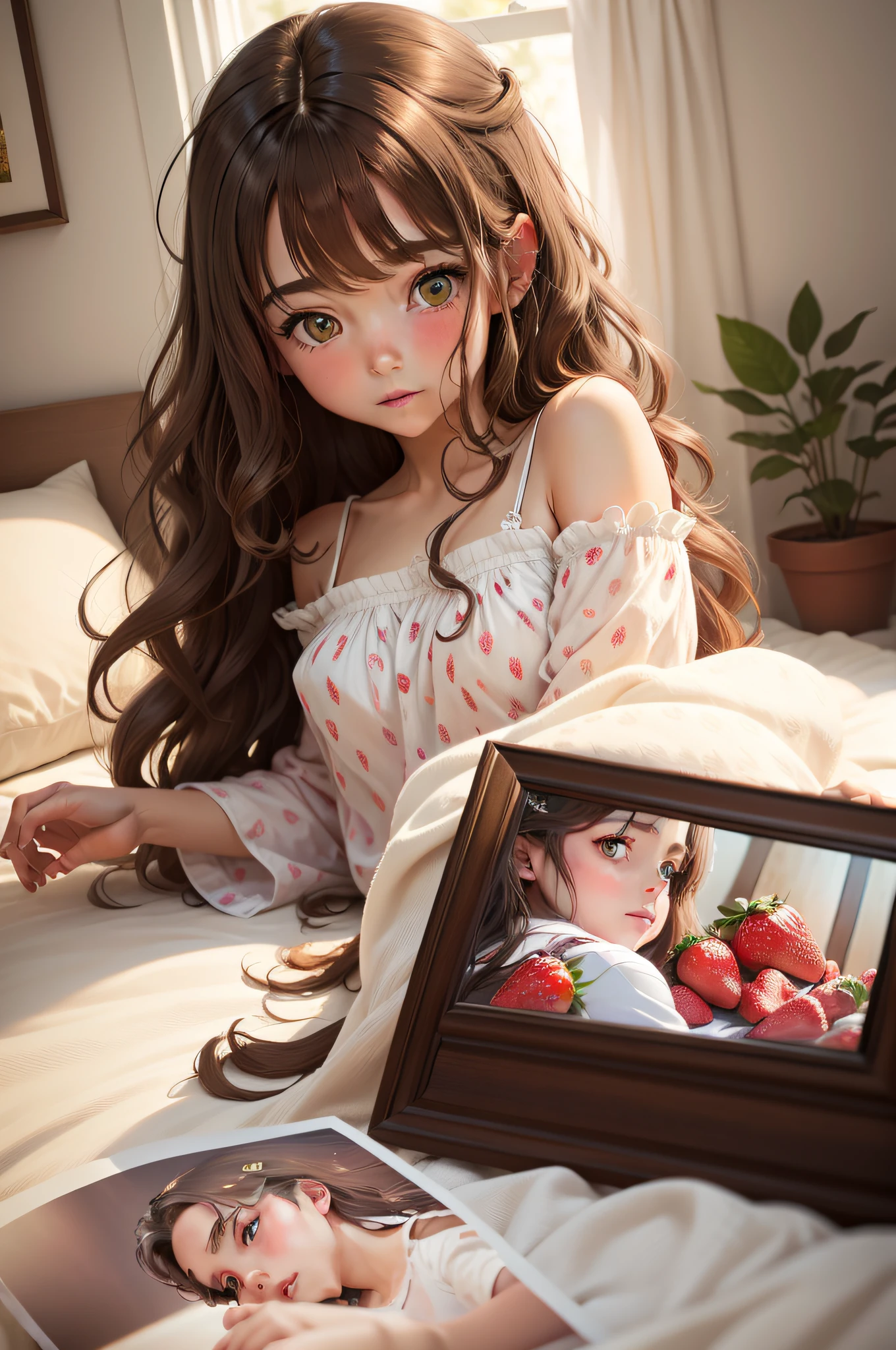 Girl with semi-long wavy brown hair, lying on her stomach looking at a photo of her boyfriend, in tender white pajamas and print strawberries, scenery of tender girl, emerald eyes,